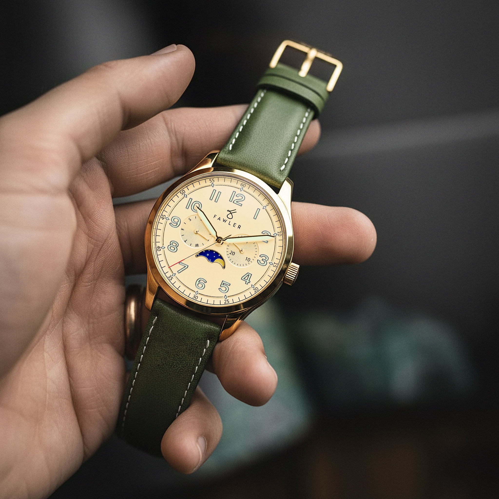 Orrin  | Gold-Tone Moonphase Watch With Gold-Tone Dial & Forest Green Leather Strap - 2