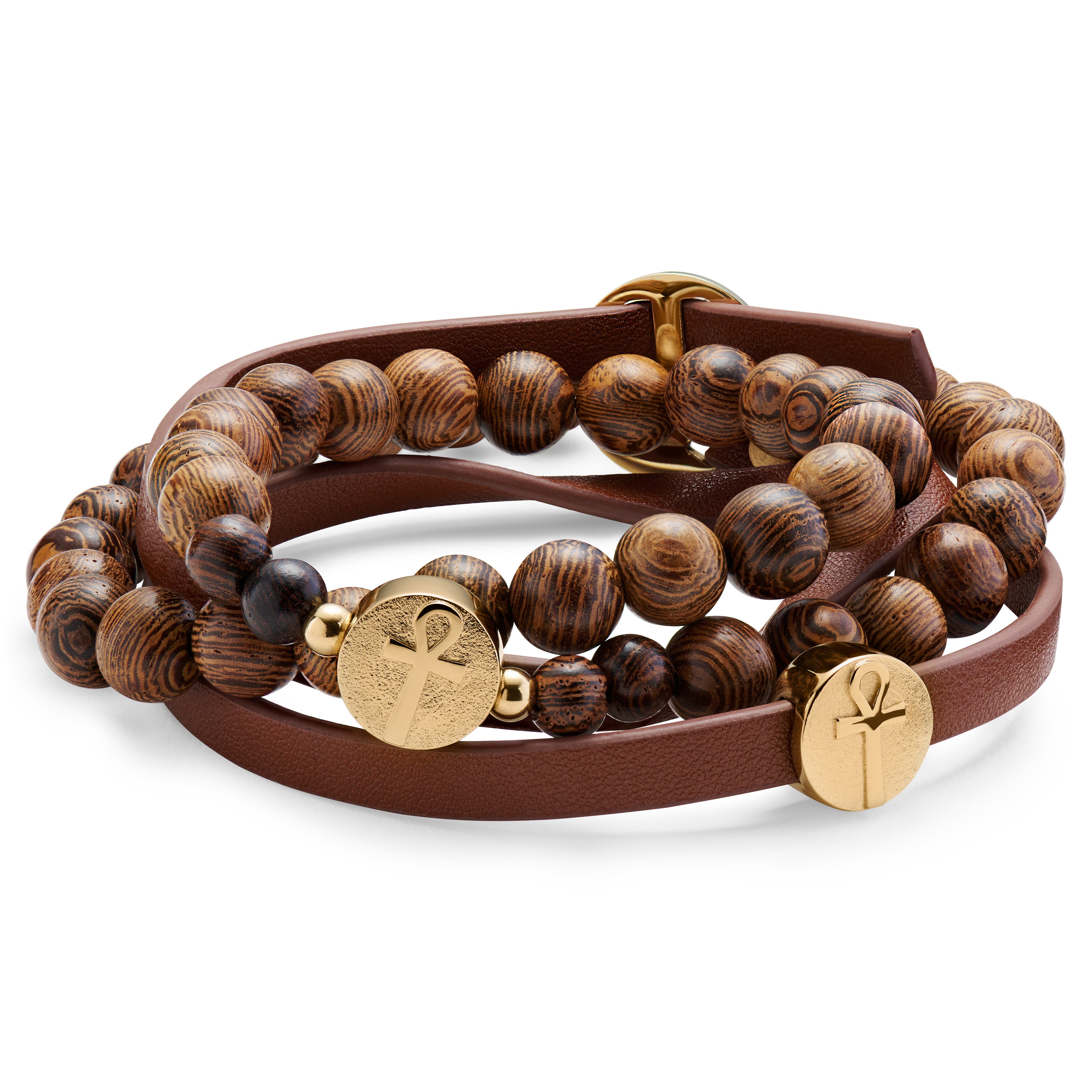 Ankh | Brown Leather & Wooden Bracelet Set