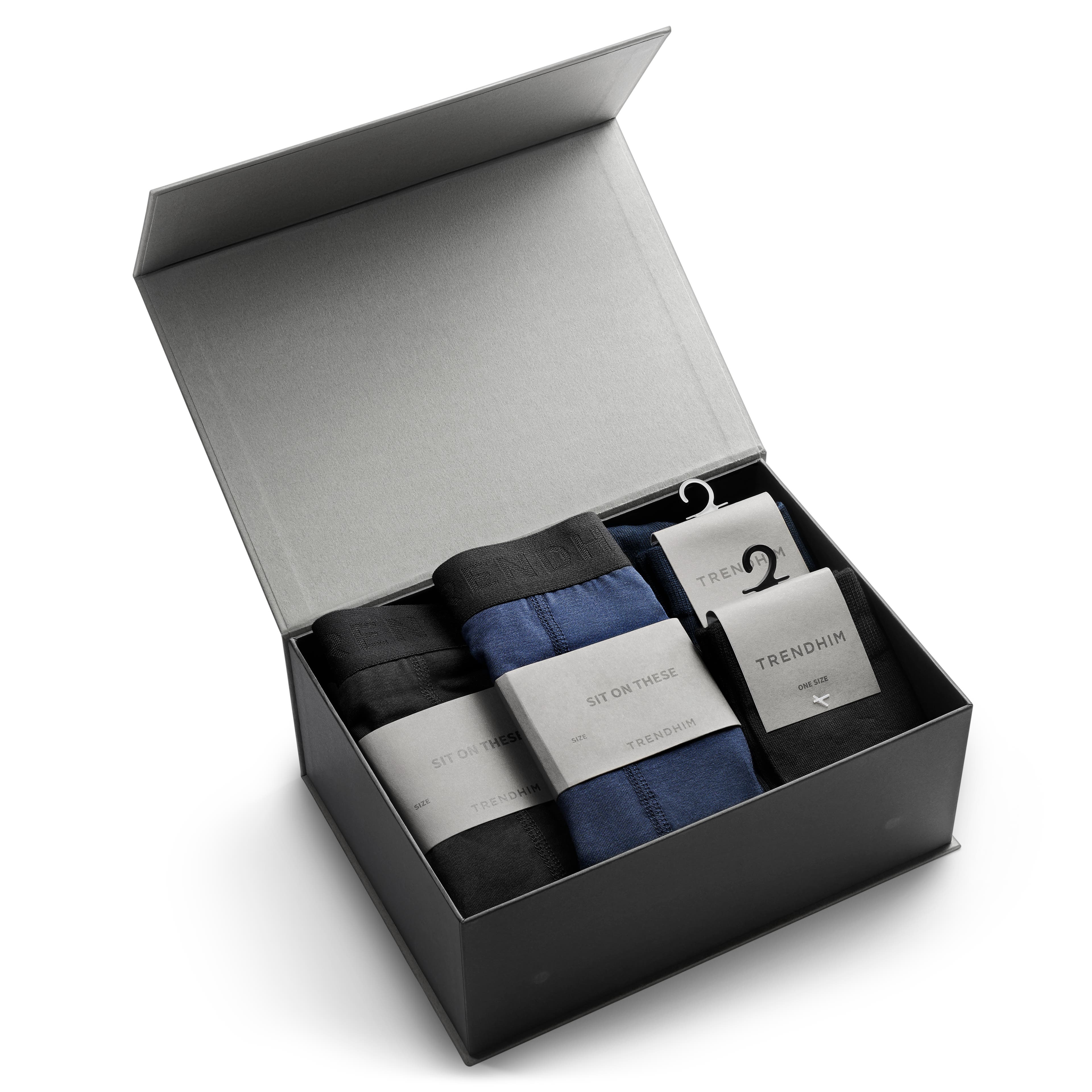 XL | FreeFeel | Scatola regalo intimo in bamboo | Boxer e calzini neri e blu reale - 1