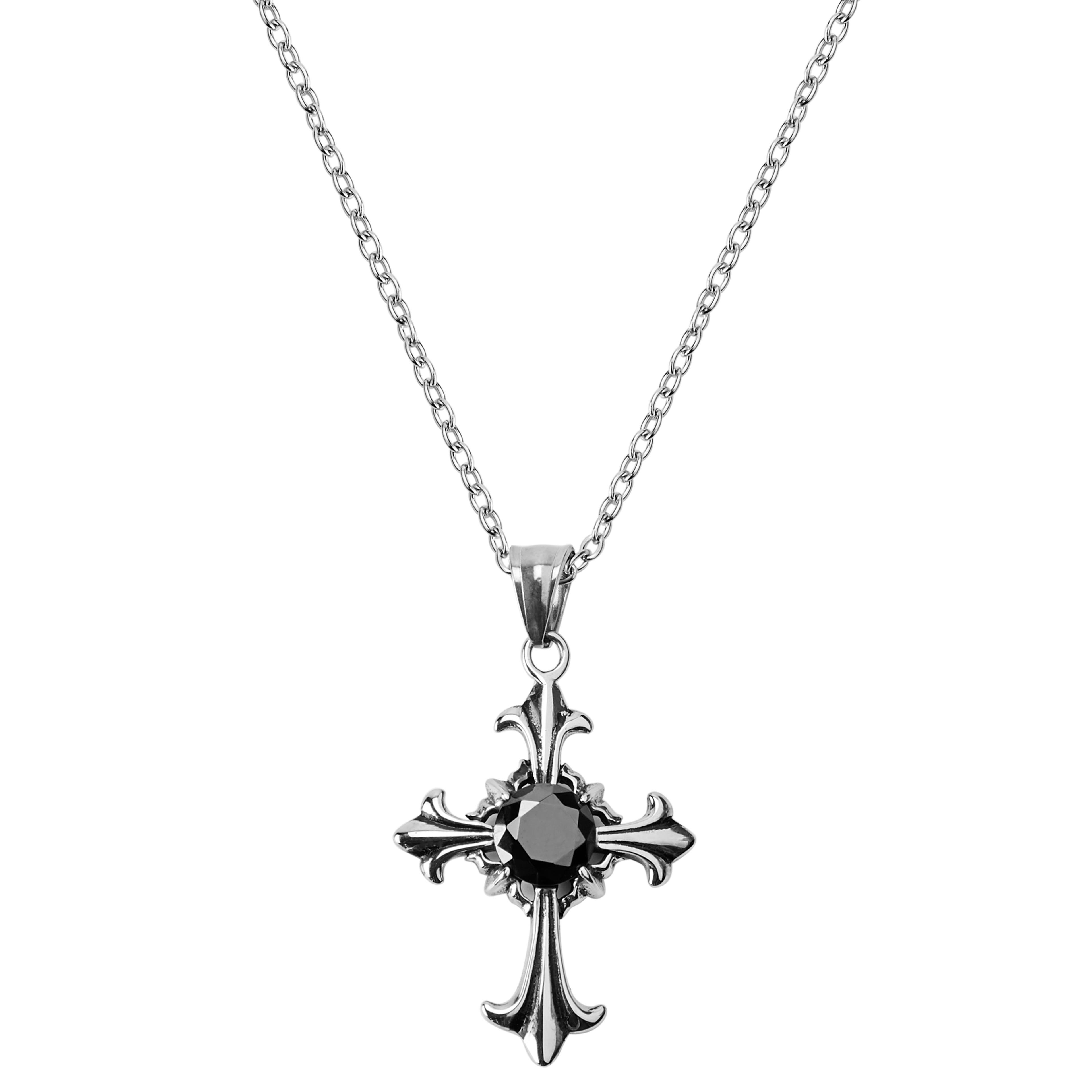Silver-Tone Stainless Steel Gothic Cross Cable Chain Necklace