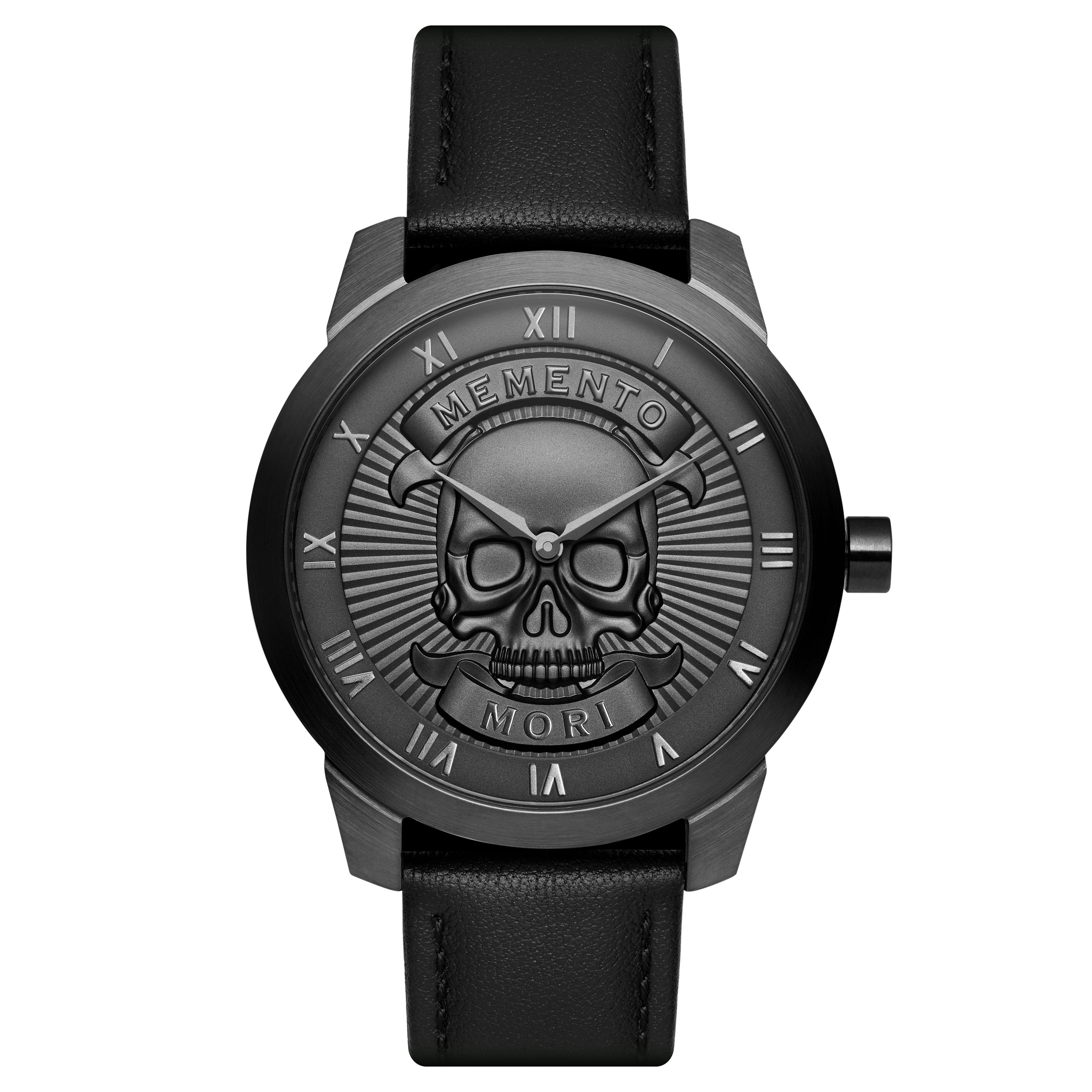 Memento Mori | Black & Gunmetal Skull Watch With Black Leather Strap