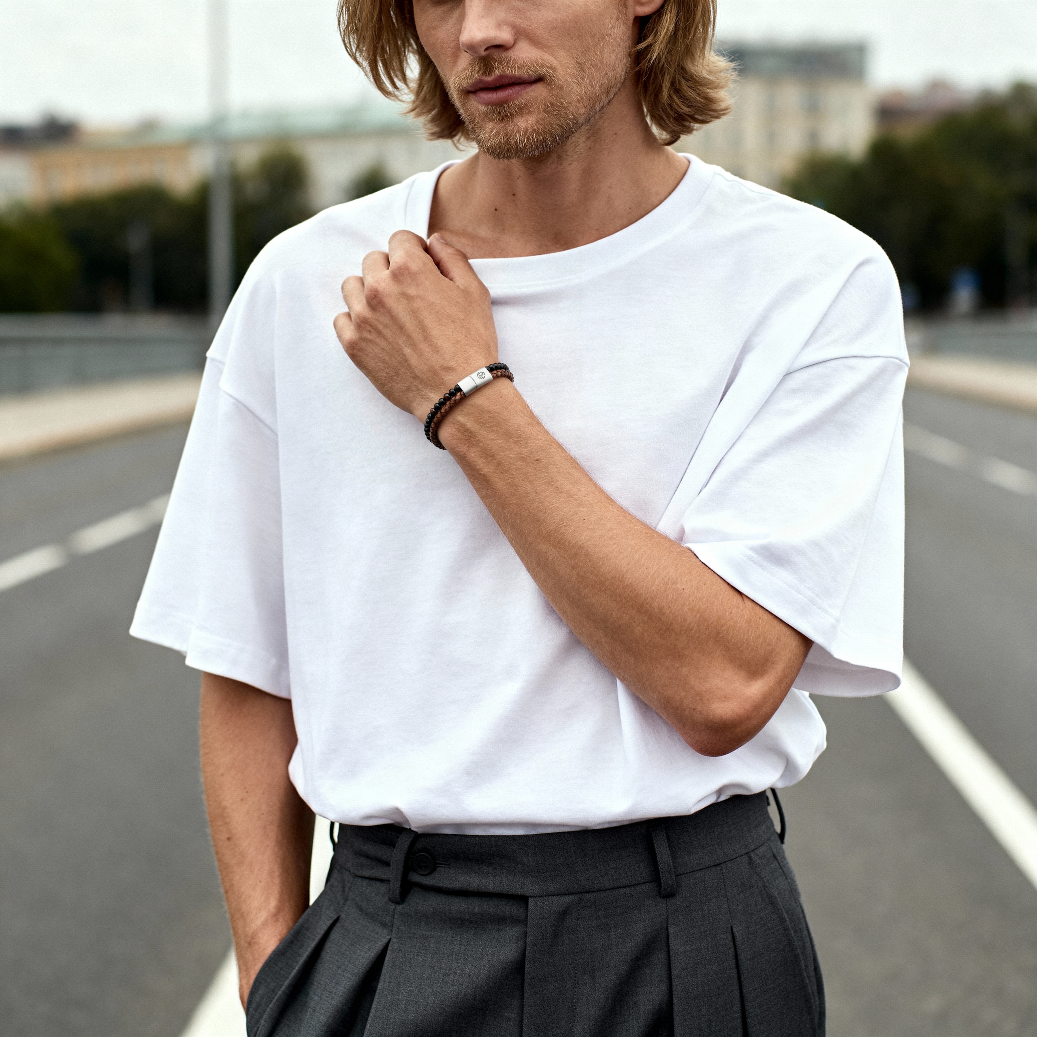 Red Tiger’s Eye, Onyx, and Vintage Leather Icon Bracelet - 3