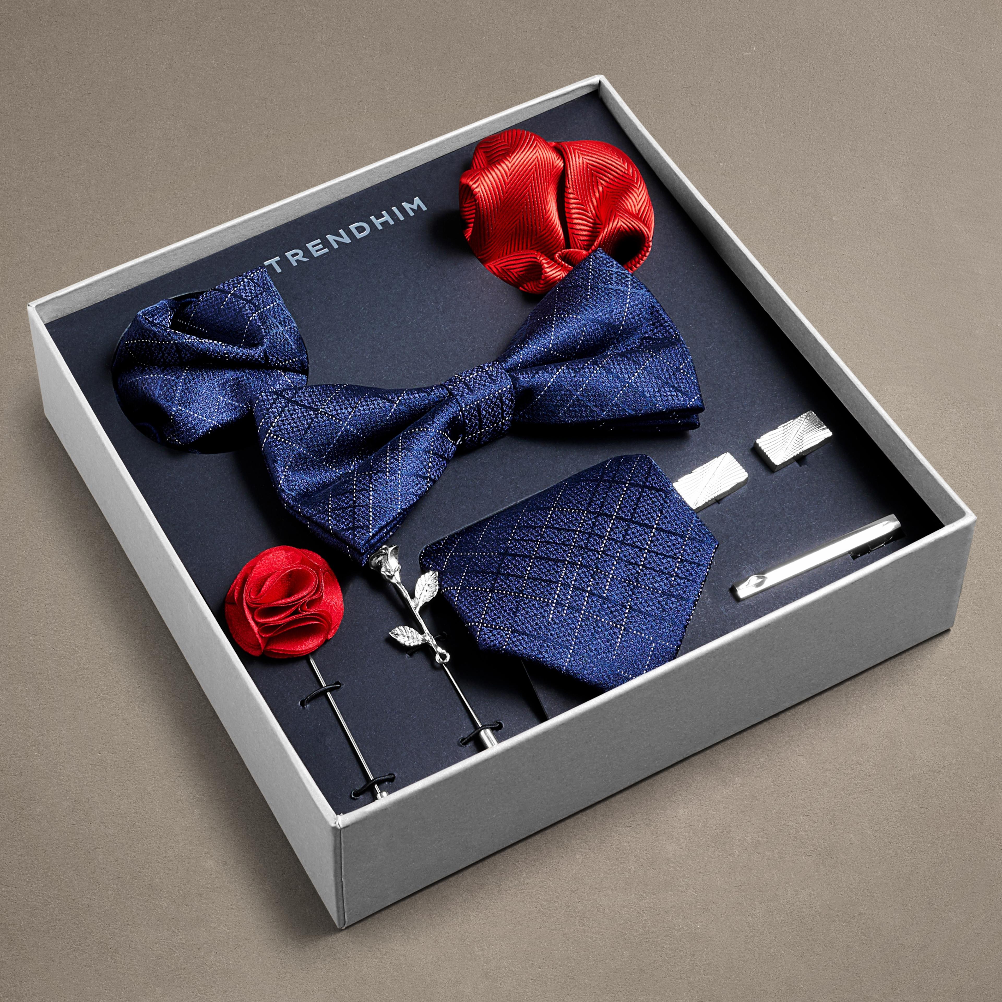 Anzug Accessoire Geschenkbox | Blau, Rot & Silberfarbenes Set | Auf Lager!