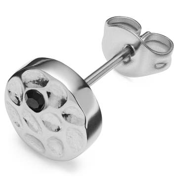 Orphic | Orecchino a bottone con zirconi neri in acciaio inossidabile color argento martellato da 8 mm