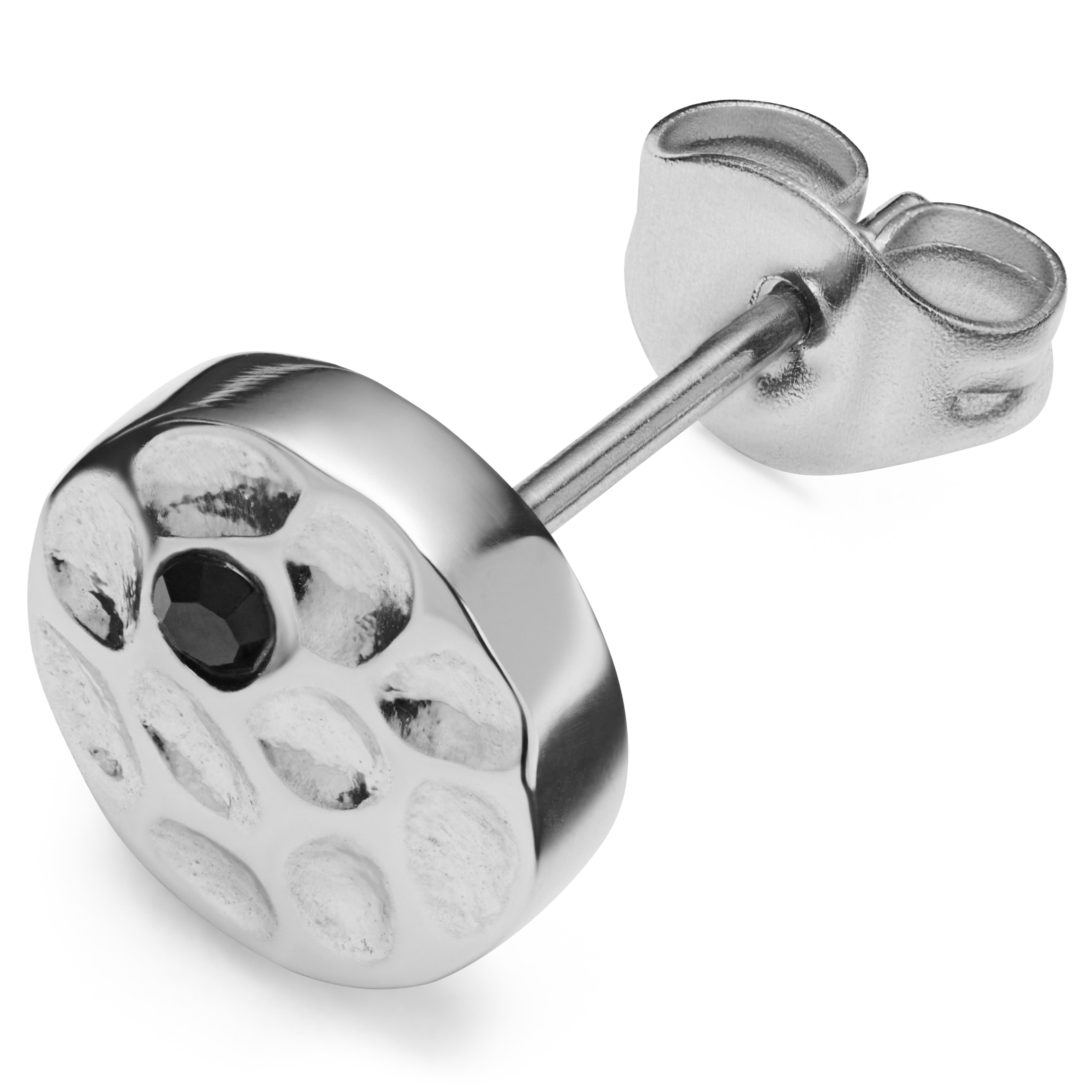Orphic | Orecchino a bottone con zirconi neri in acciaio inossidabile color argento martellato da 8 mm
