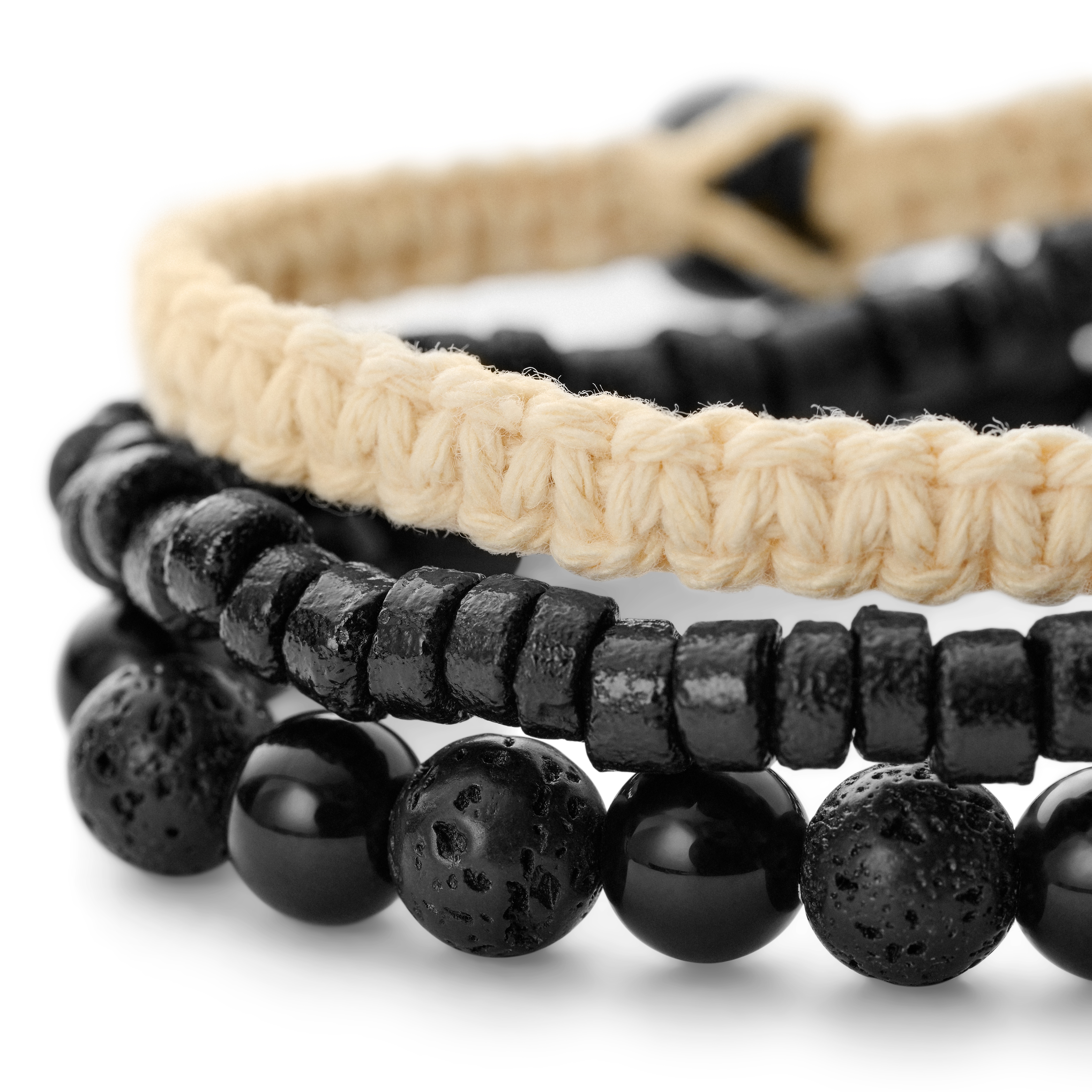 Schwarz & Beige Lava Rock, Onyx, Kokosnuss- und Armband-Set aus goldfarbenem Stahl - 4