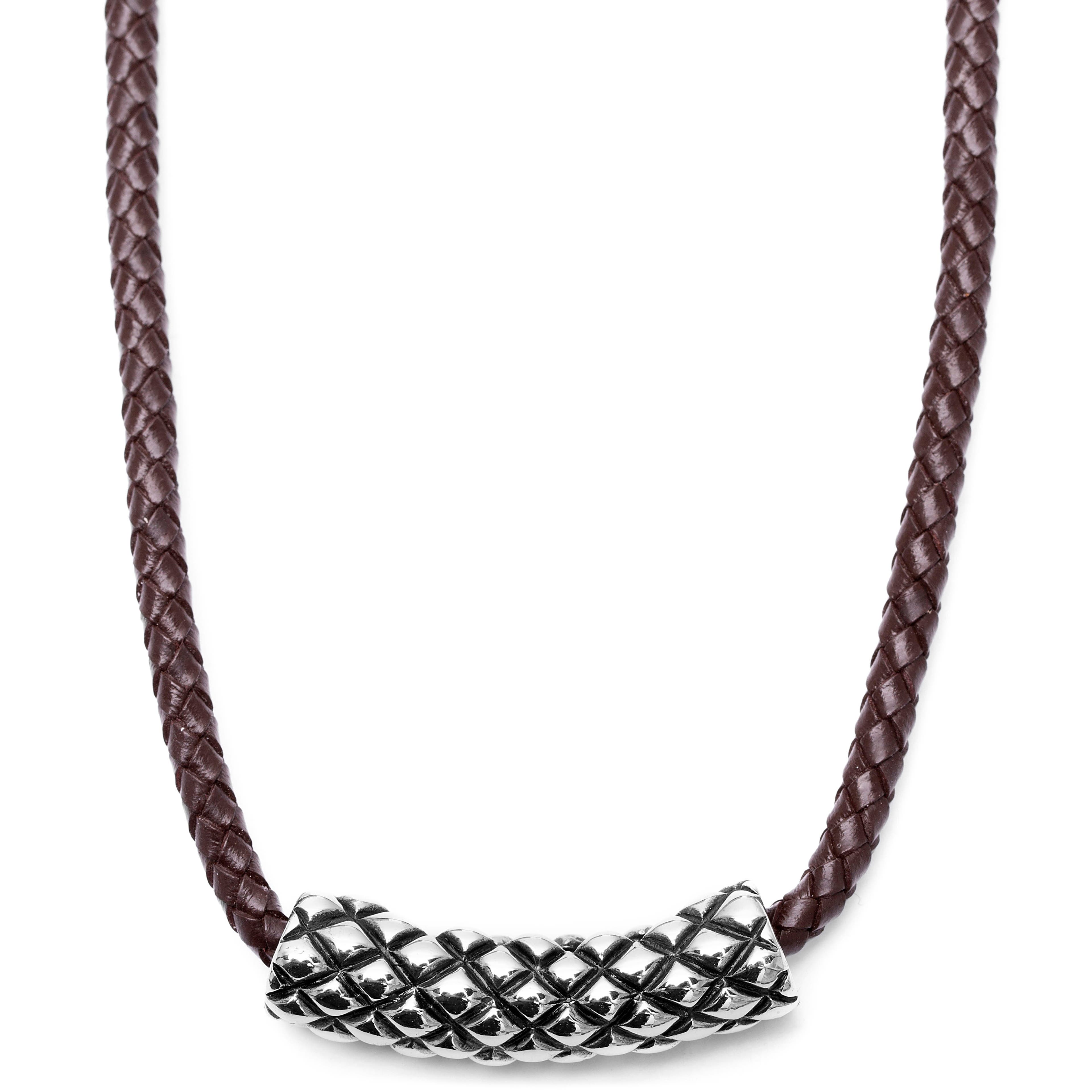 Brown Leather With Silver-Tone Stainless Steel Criss Cross Necklace