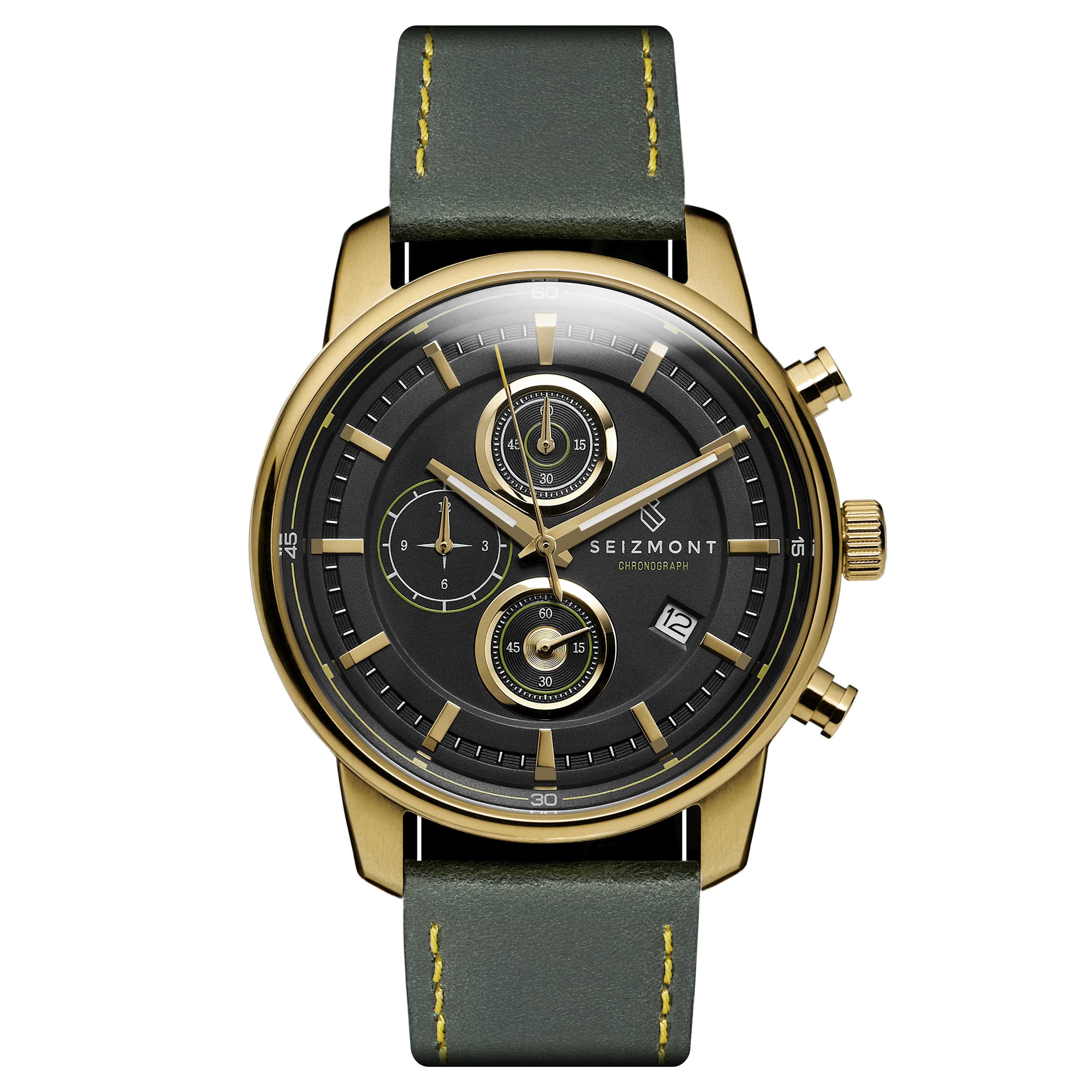 Parva | Gold-Tone Chronograph Watch & In | stock! With Black Green Strap Dial Leather Seizmont 