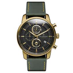 Parva | Gold-Tone Chronograph Watch With Black Dial & Green Leather Strap