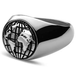 Atlas | Сребрист стоманен пръстен печат с карта на света