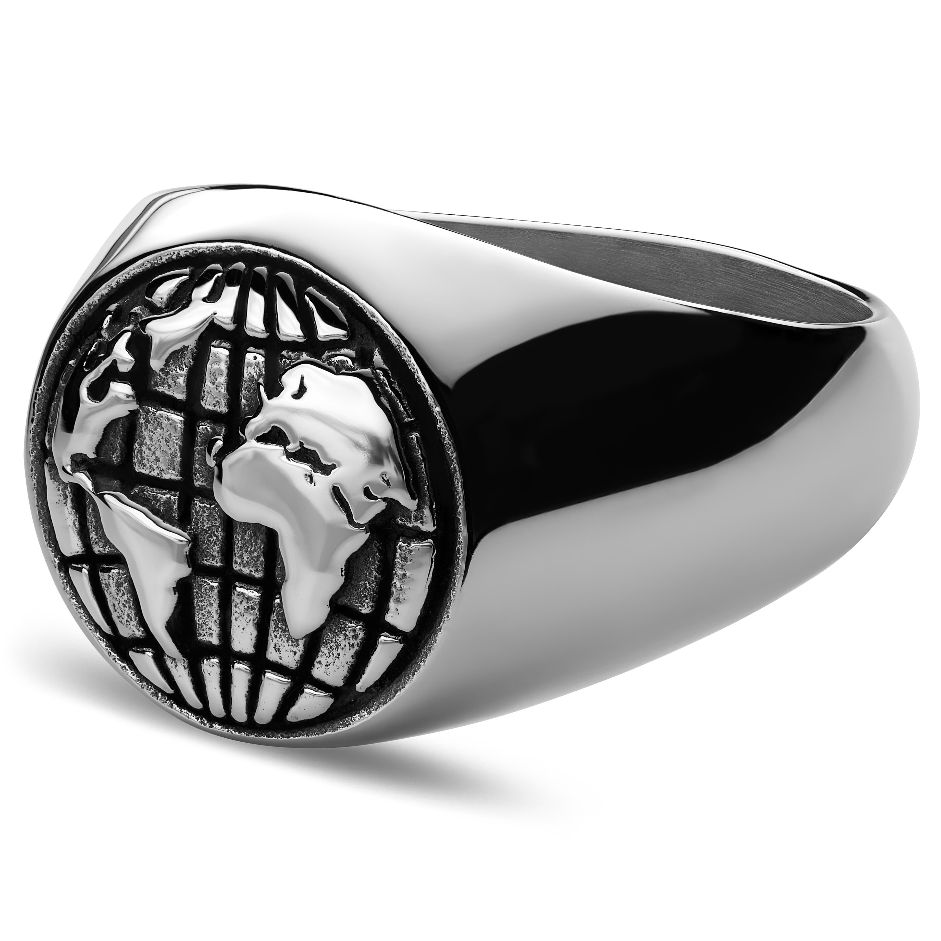 Atlas | Silver-Tone Stainless Steel World Map Signet Ring