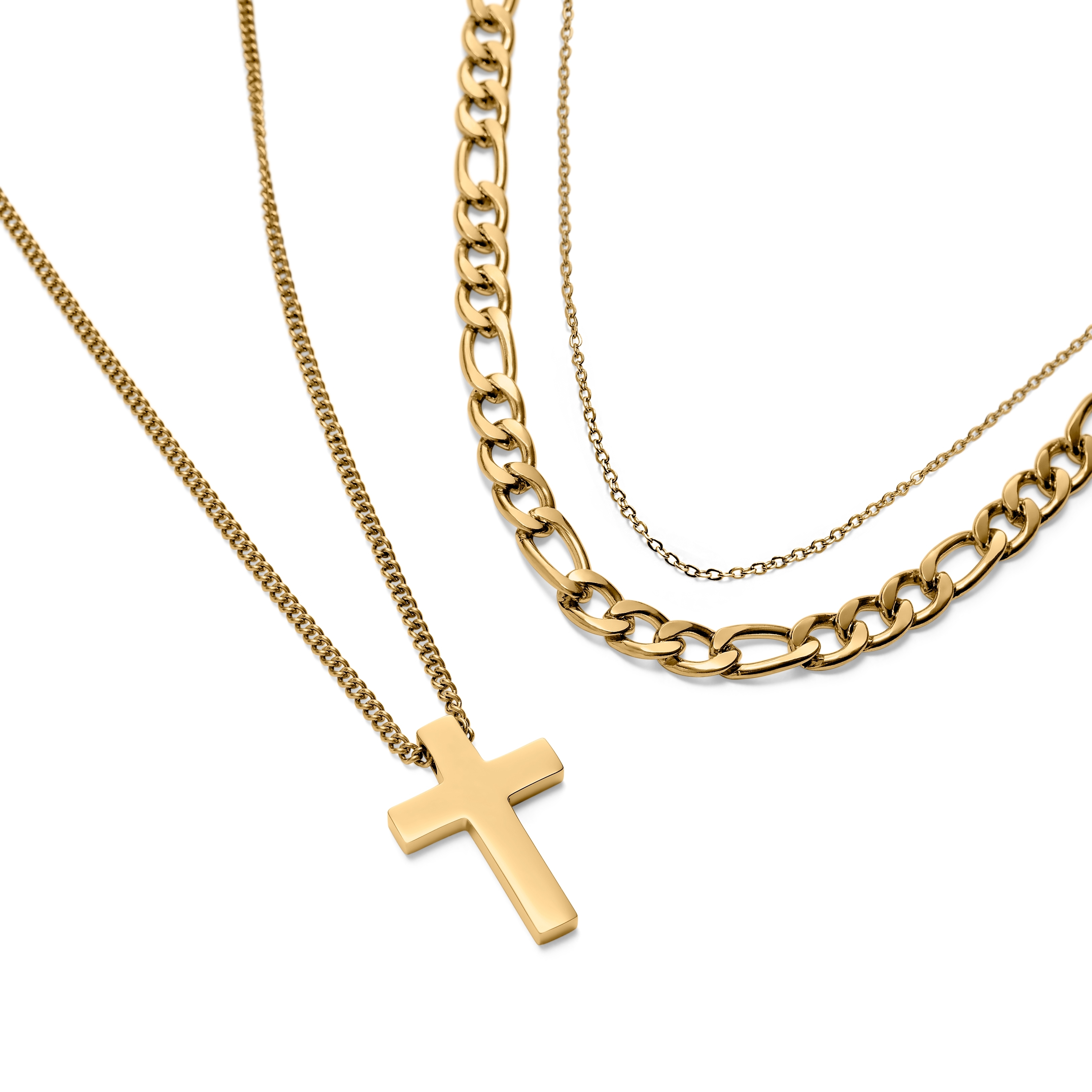 Set de coliere asortate de culoare aurie cu cruce, lanț ușor și lanț figaro - 2