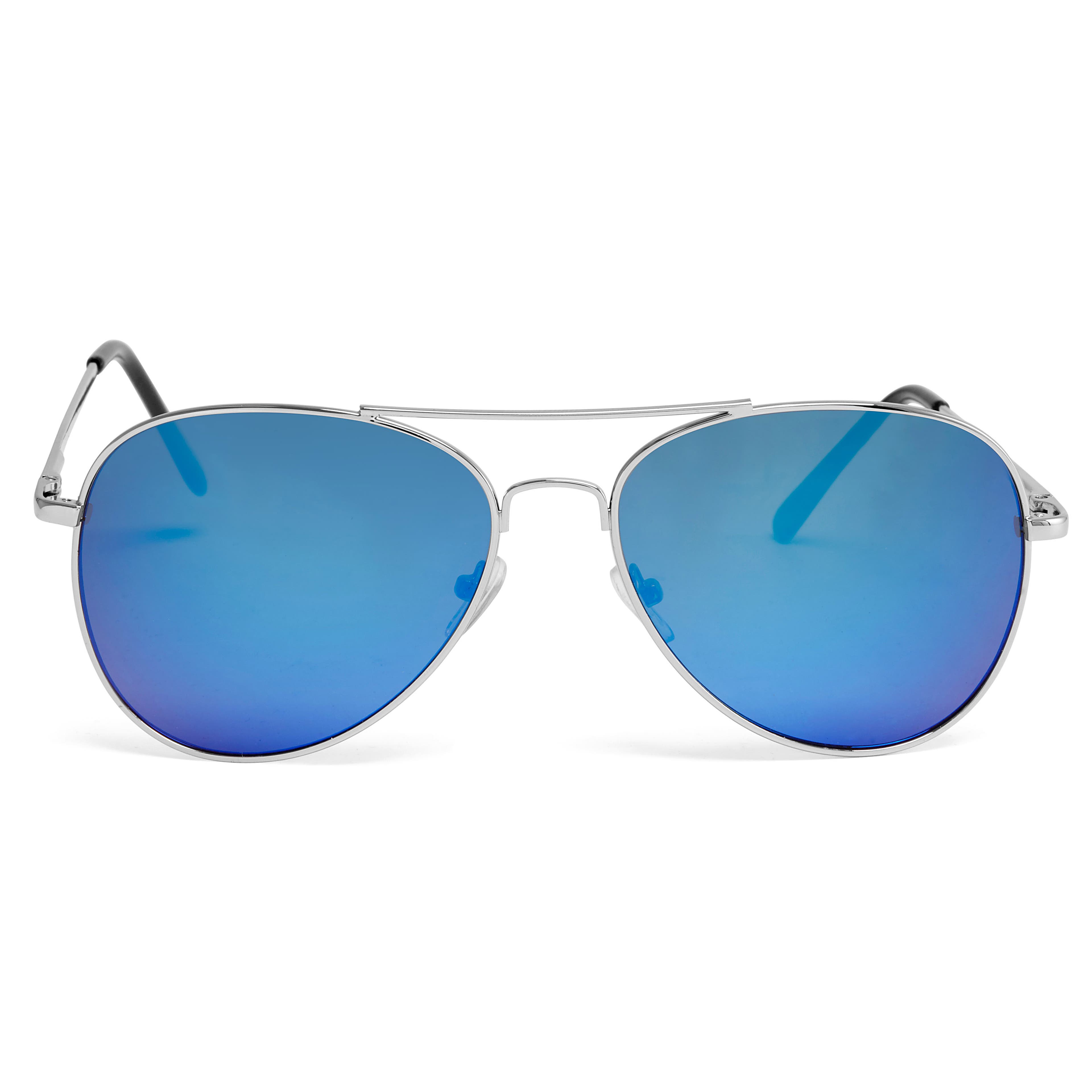 Silverfärgade & Blåa Speglande Pilotsolglasögon