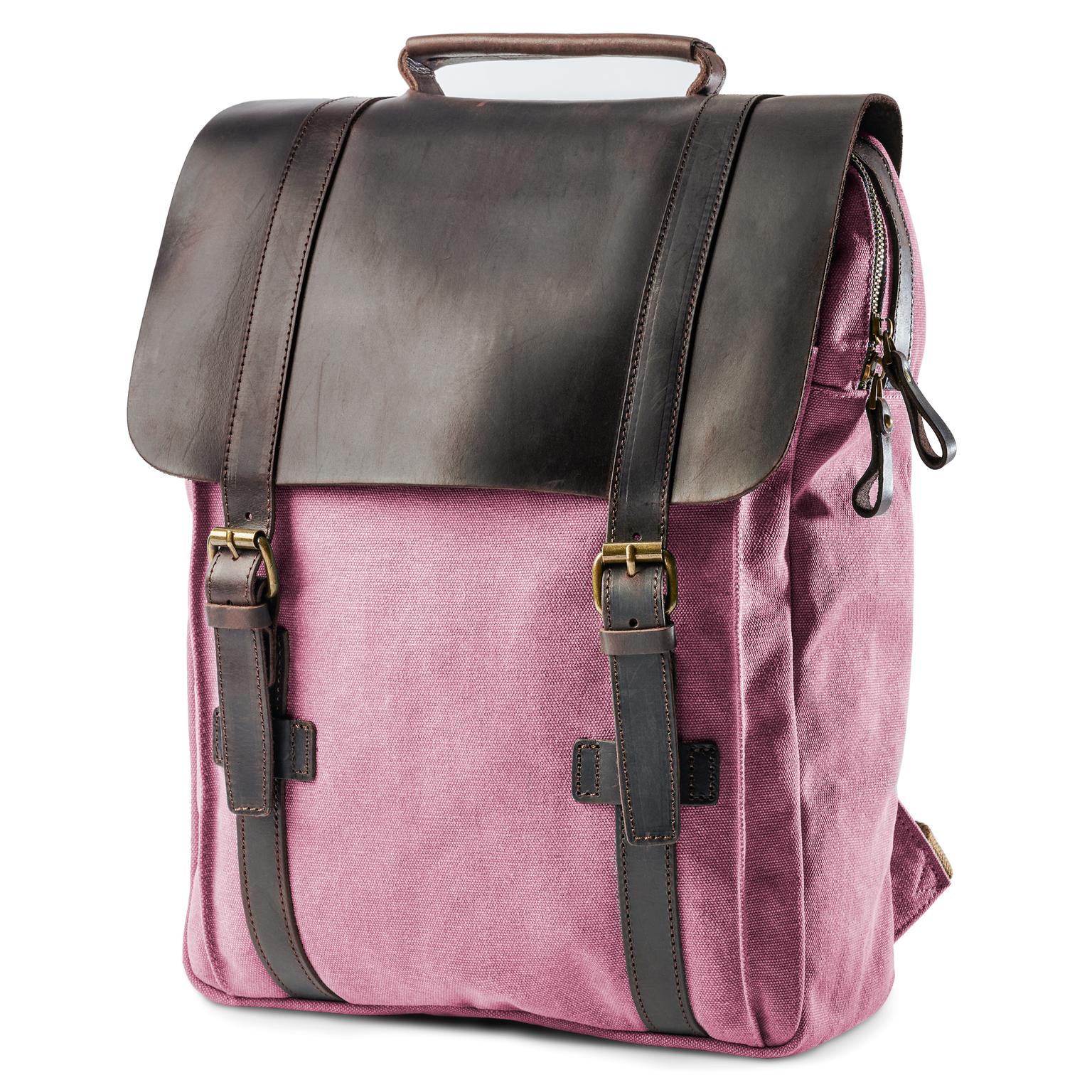 Plátený ruksak vo vintage štýle v ružovej farbe s tmavými koženými detailmi Plátený ruksak vo vintage štýle v ružovej farbe s tmavými koženými detailmi