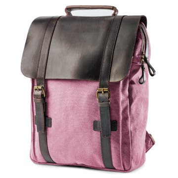 Plátený ruksak vo vintage štýle v ružovej farbe s tmavými koženými detailmi