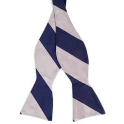 Navy Blue & Silver-Tone Stripe Silk Self-Tie Bow Tie