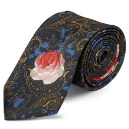 Boho | Dark Blue & Tan Paisley with Pink Roses Silk Tie