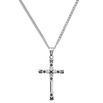 Silver-Tone Stainless Steel & Black Zirconia Cross Wheat Chain Necklace