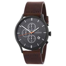 Revil | Black Chronograph Watch With Black Dial, White Hands & Chocolate Brown Leather Strap