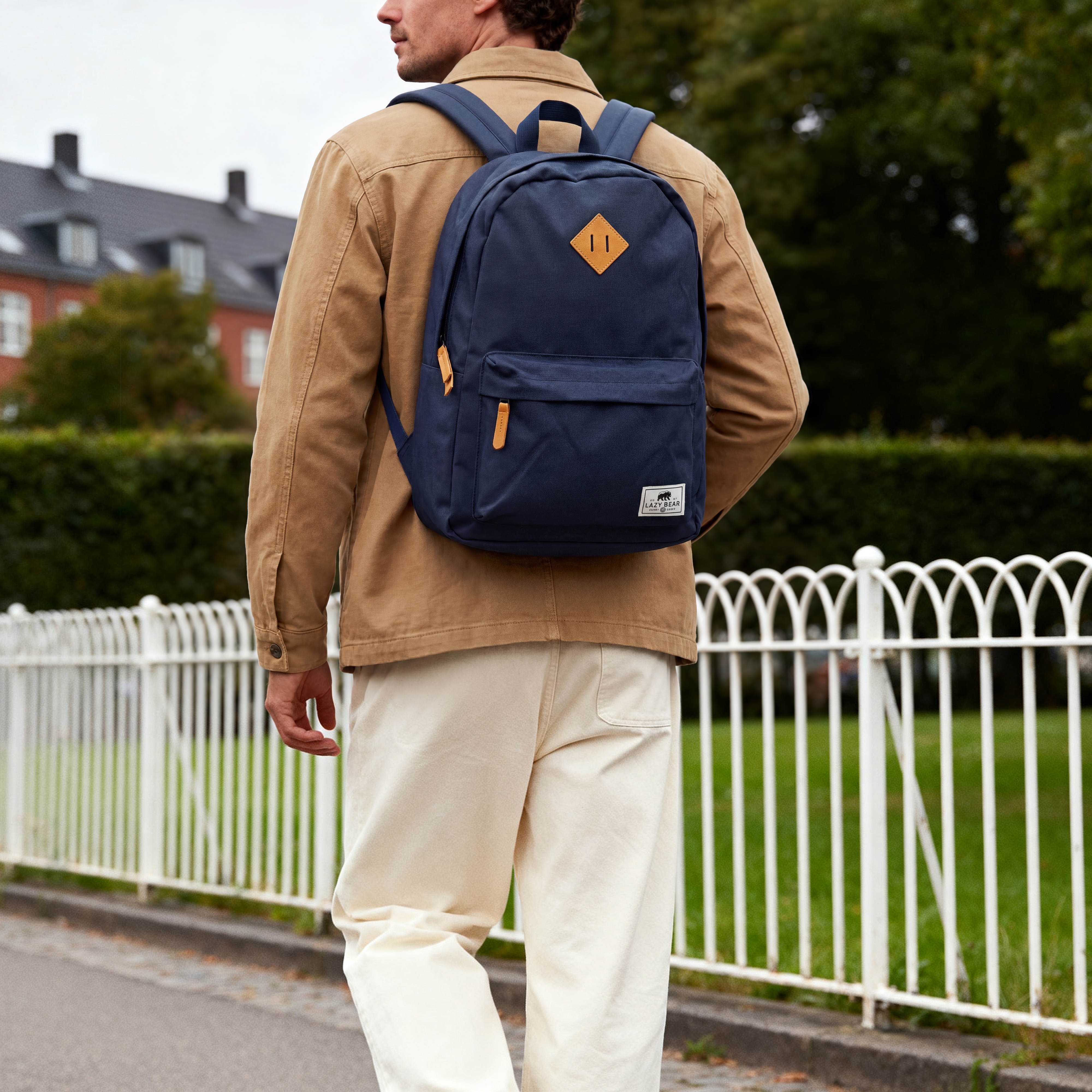 Lewis | Navy Blue Polyester & Faux Leather Simple Backpack - 3
