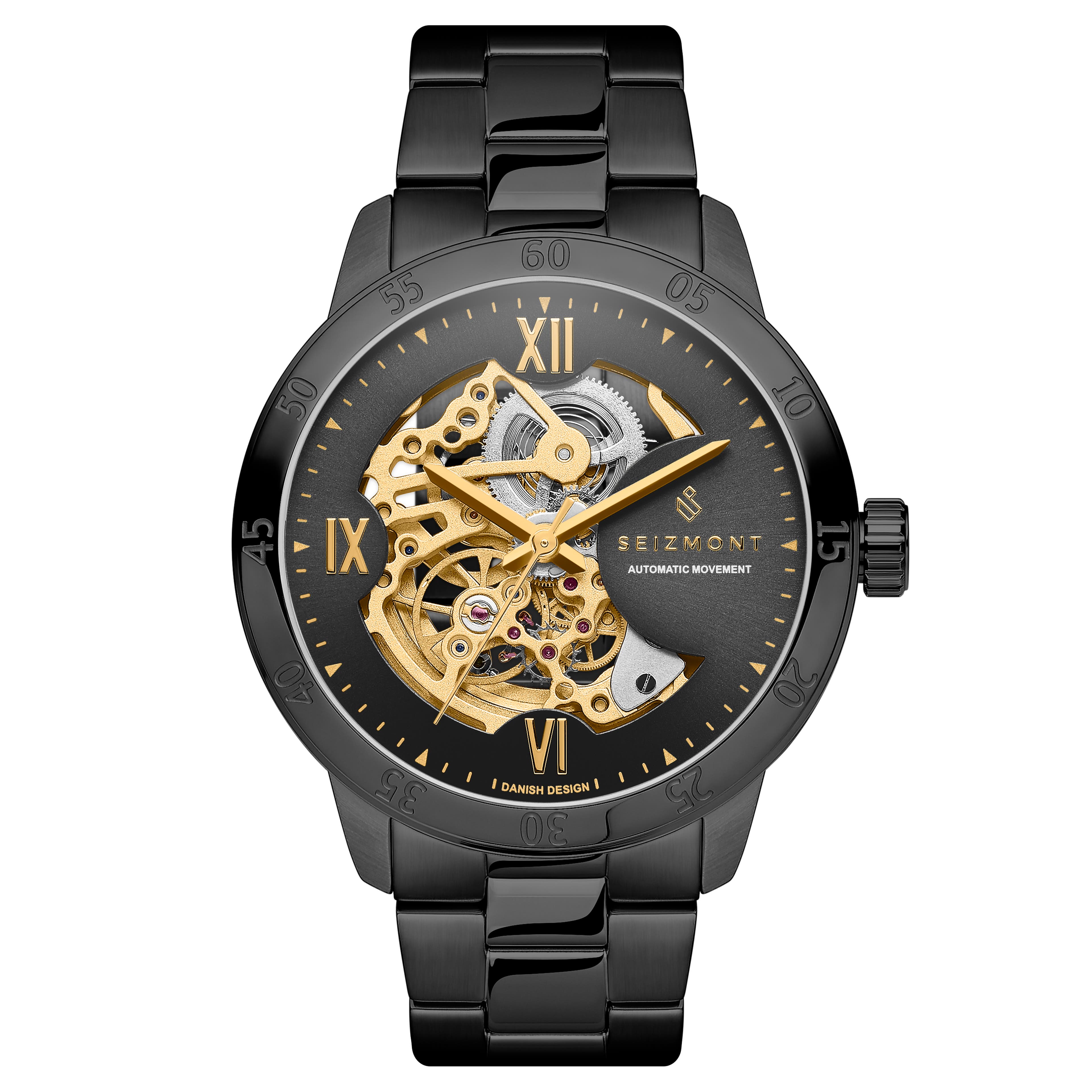 Dante II | Orologio Skeleton nero con movimento dorato