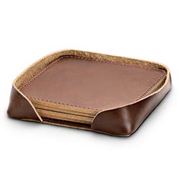Leather Coasters and Holder x4 | Brown & Square