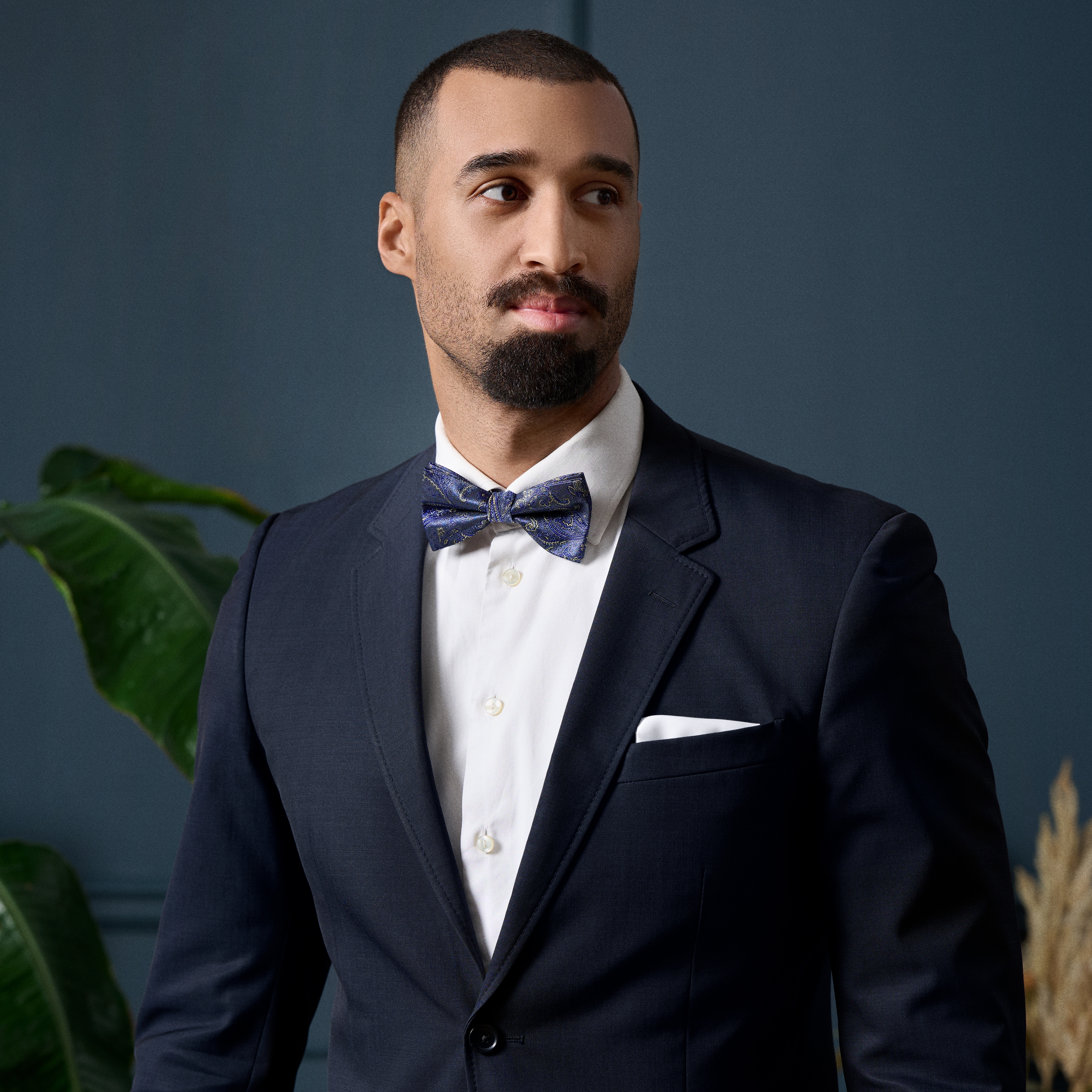 Nœud papillon pré-noué en soie à motif cachemire bleu clair et doré - 4