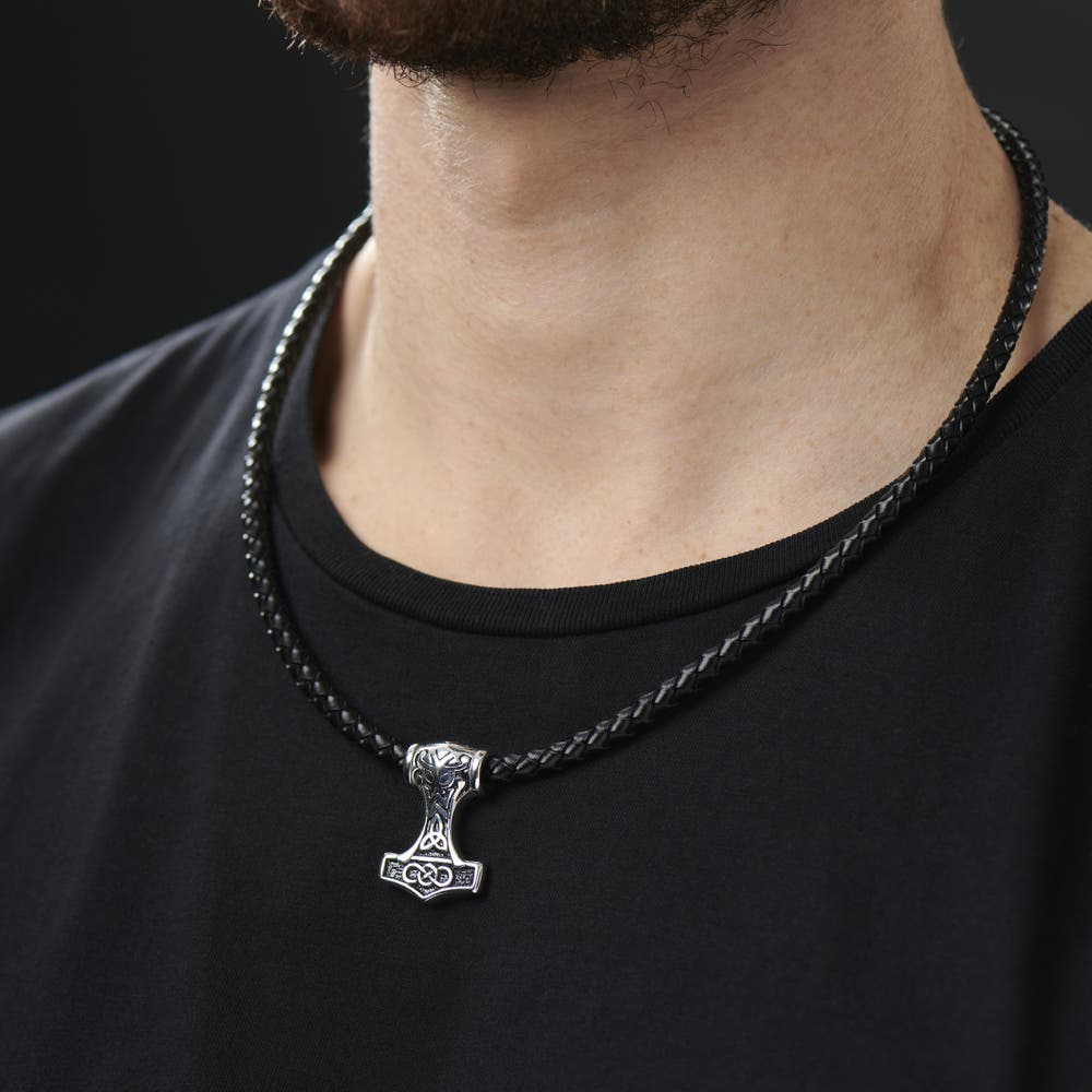 hover: Double Sided Celtic Black Leather Necklace hover: Double Sided Celtic Black Leather Necklace
