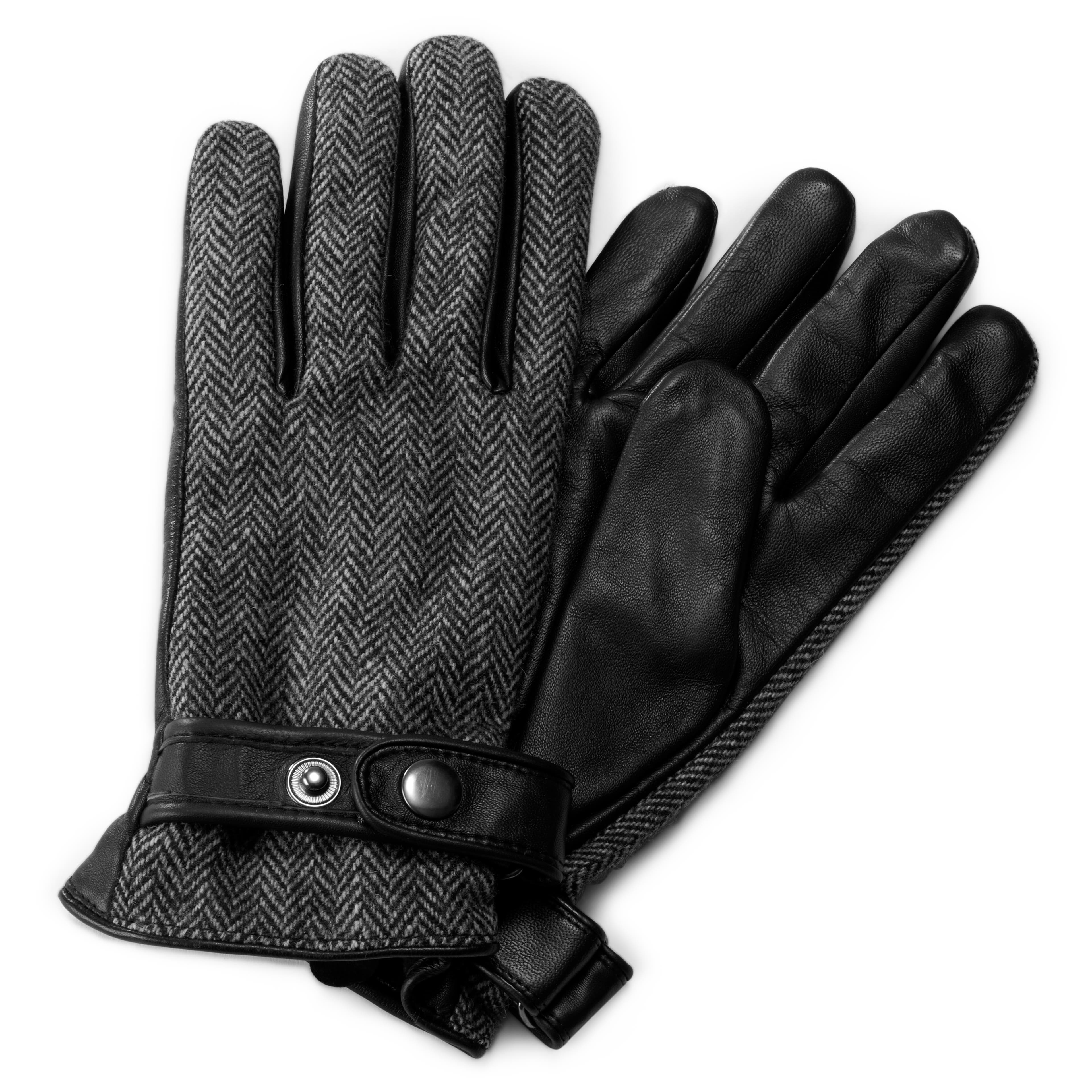 Black & White Herringbone Pattern Sheepskin Leather Gloves
