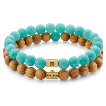 Blue Amazonite & Wood Bracelet Set
