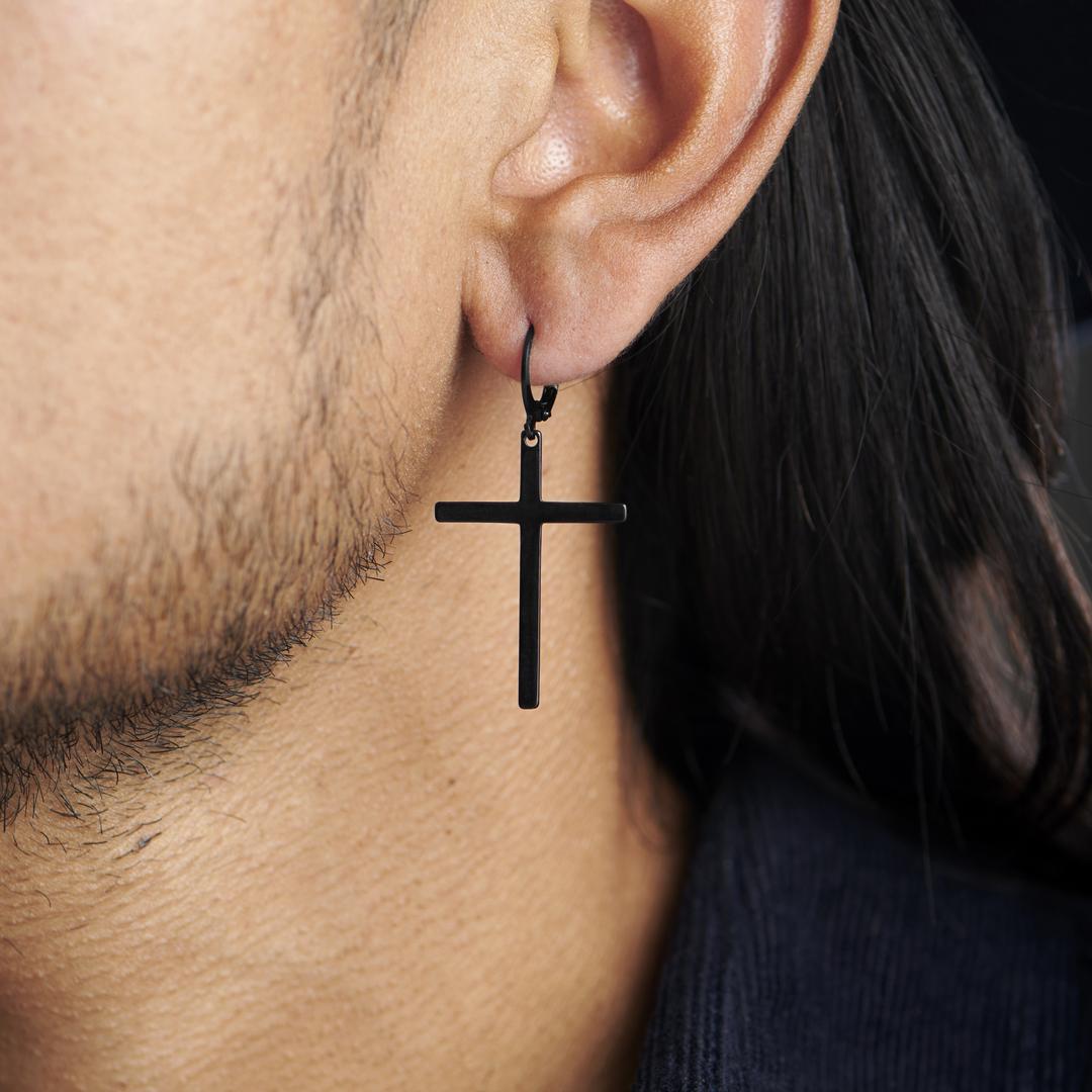 Cross Air Rings Sentio | Black Stainless Steel Hanging Cross Hoop Earring | In stock ...