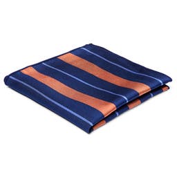 Pañuelo de bolsillo de seda azul marino con rayas azules y naranjas