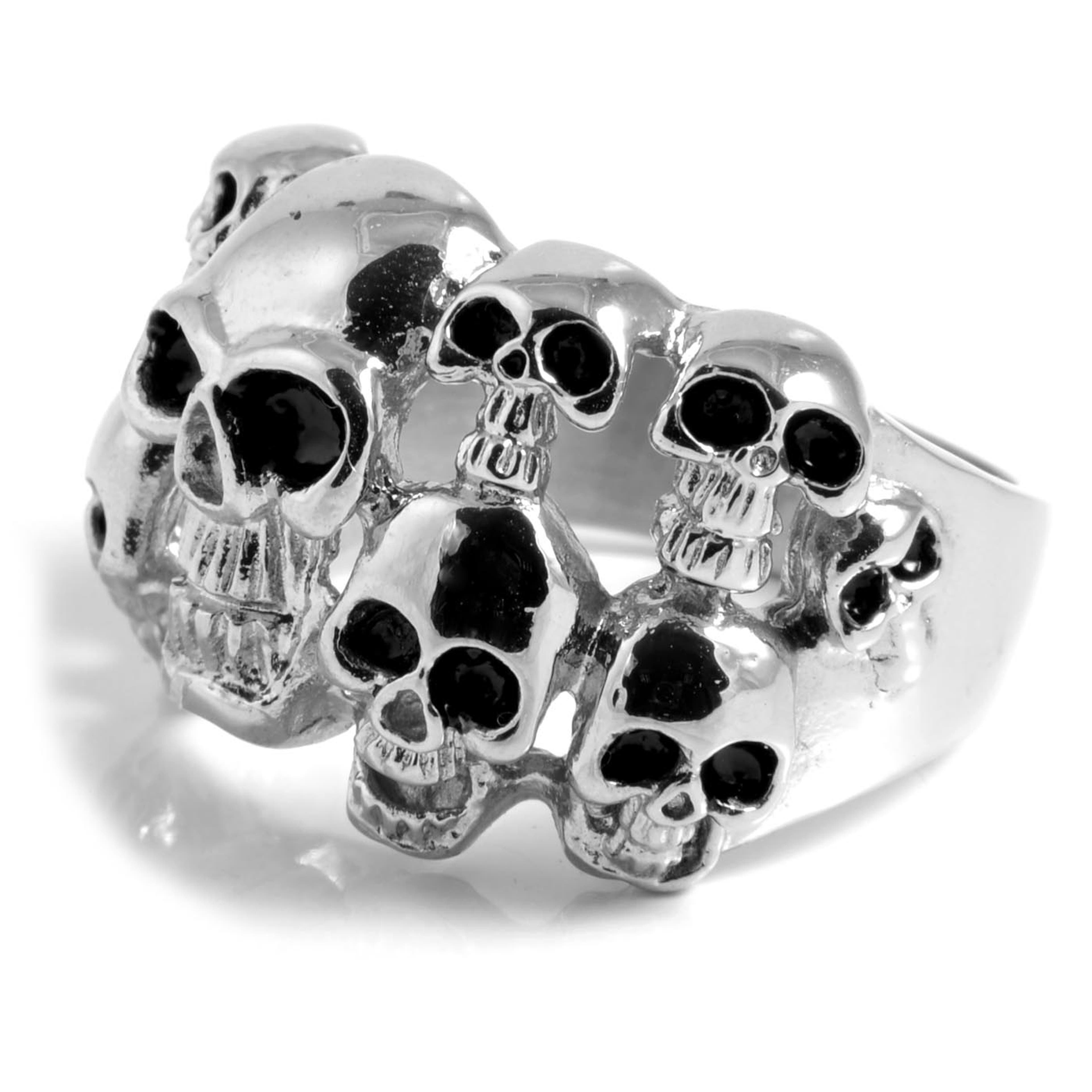 Silver-Tone & Black Stainless Steel Multi Skeleton Skull Ring