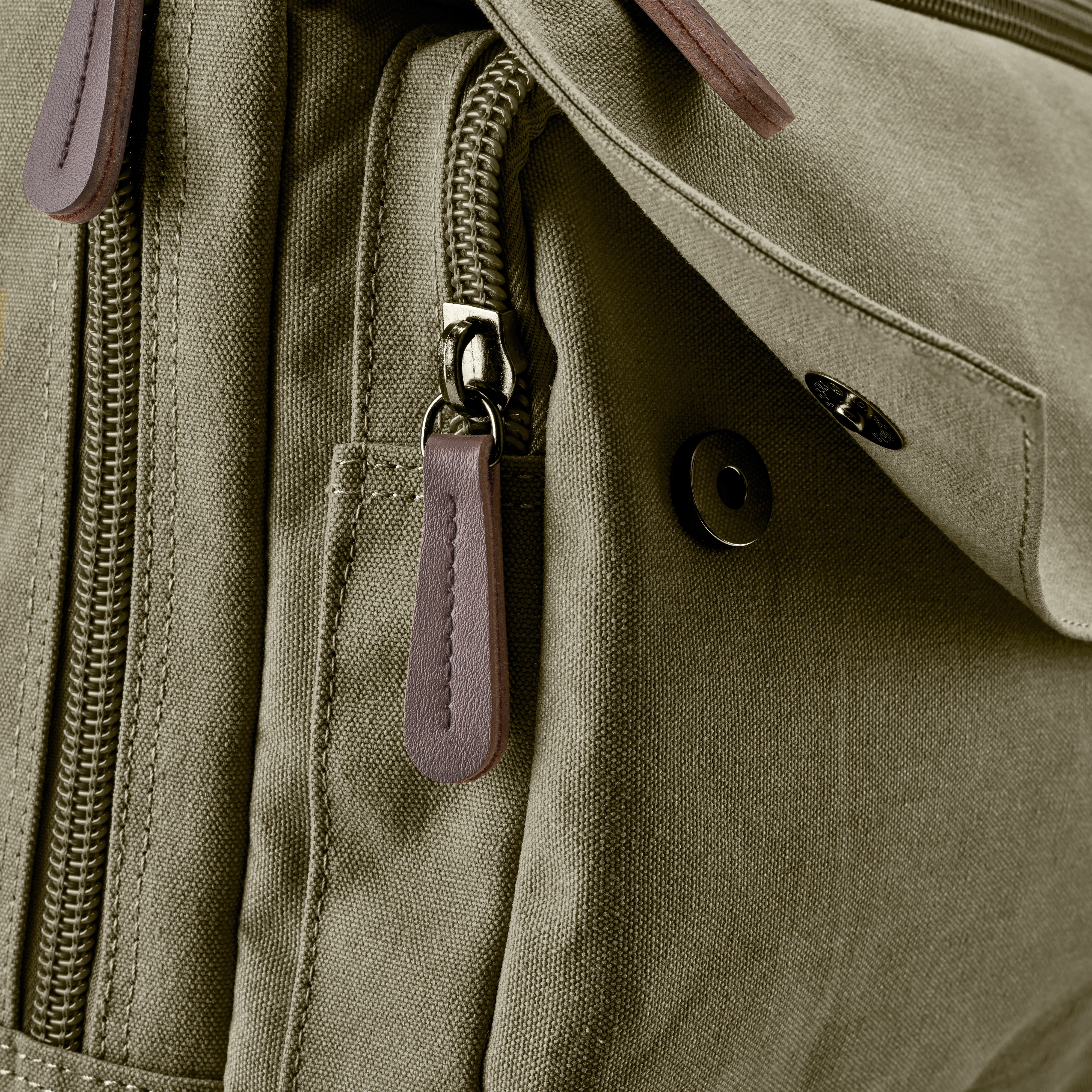 Army Green Canvas & Brown Leather Compact Backpack - 6