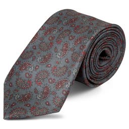 Boho | Grey & Red Paisley Pattern Silk Tie