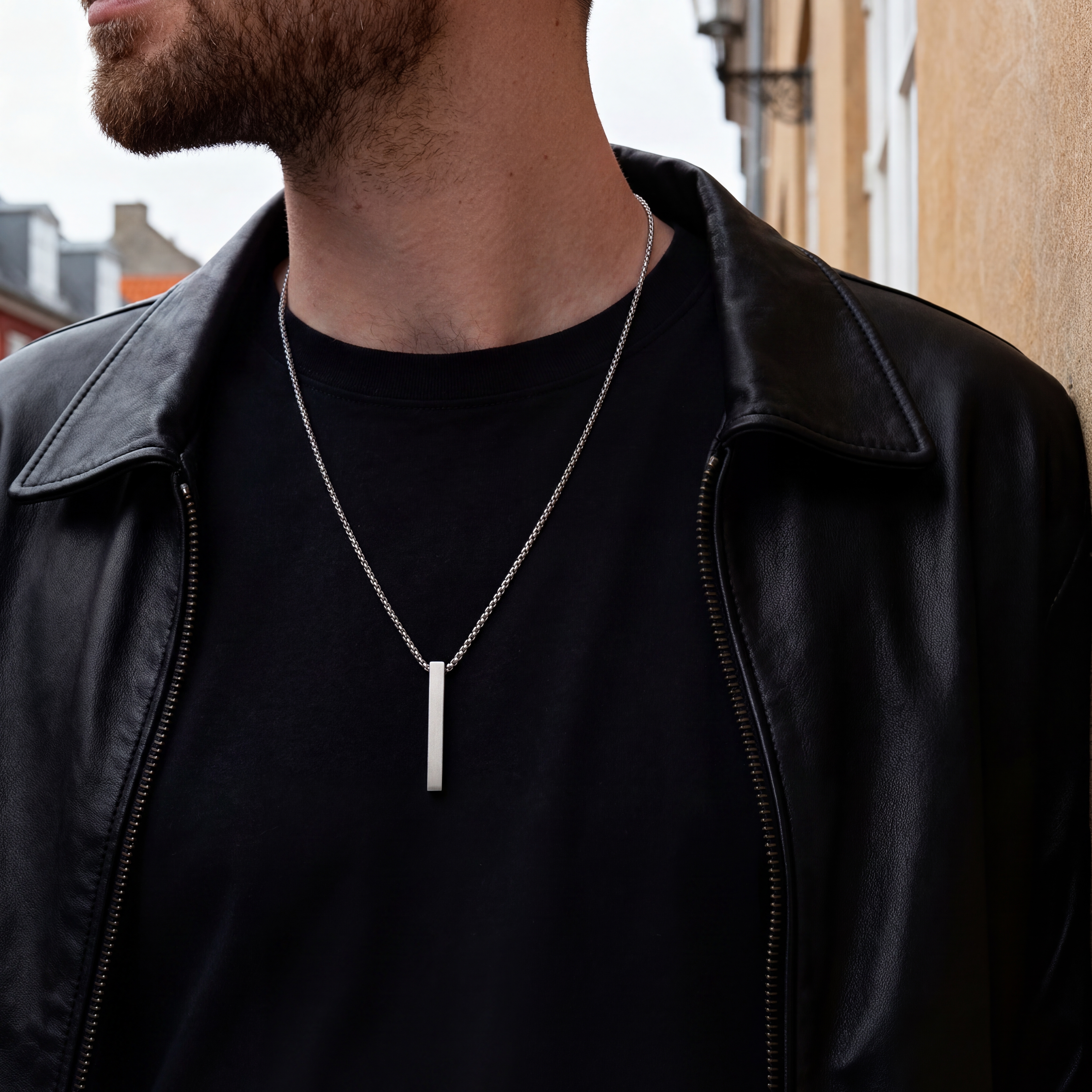 Matte Silver-Tone Stainless Steel Bar Pendant Necklace - 3