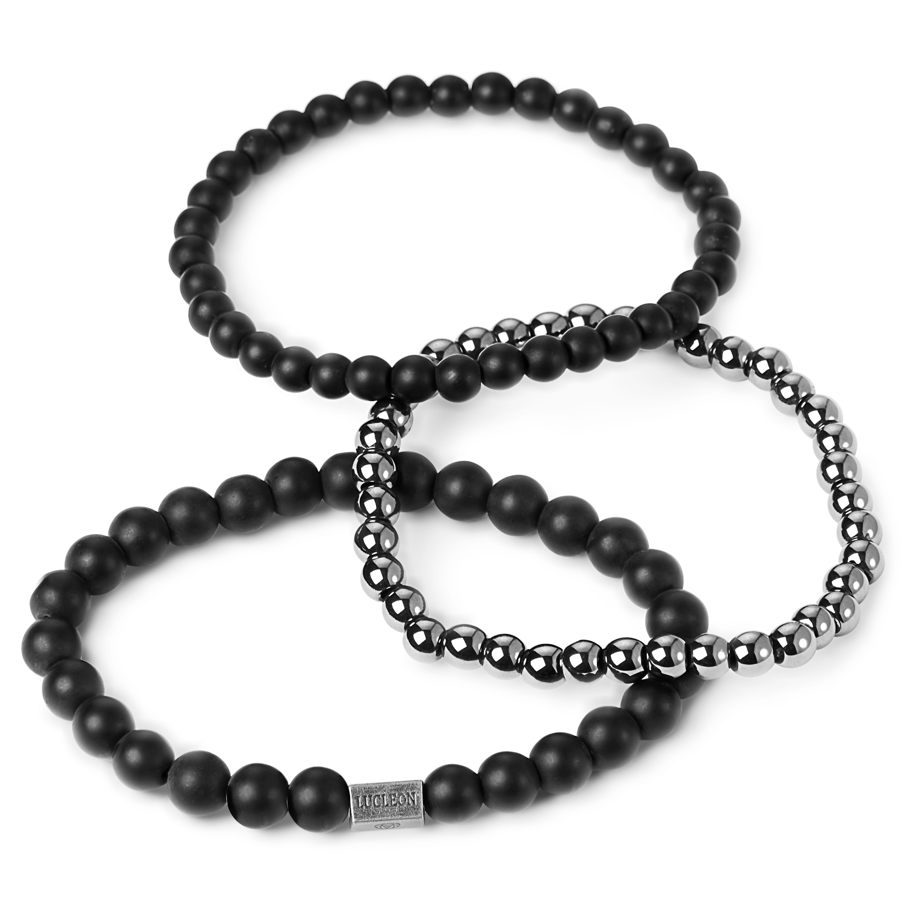 Matte Onyx and Hematite Bead Bracelet Set - 3