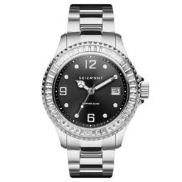 Tide  | Silver-Tone Stainless Steel Watch With Black Dial & Clear Jewelled Bezel