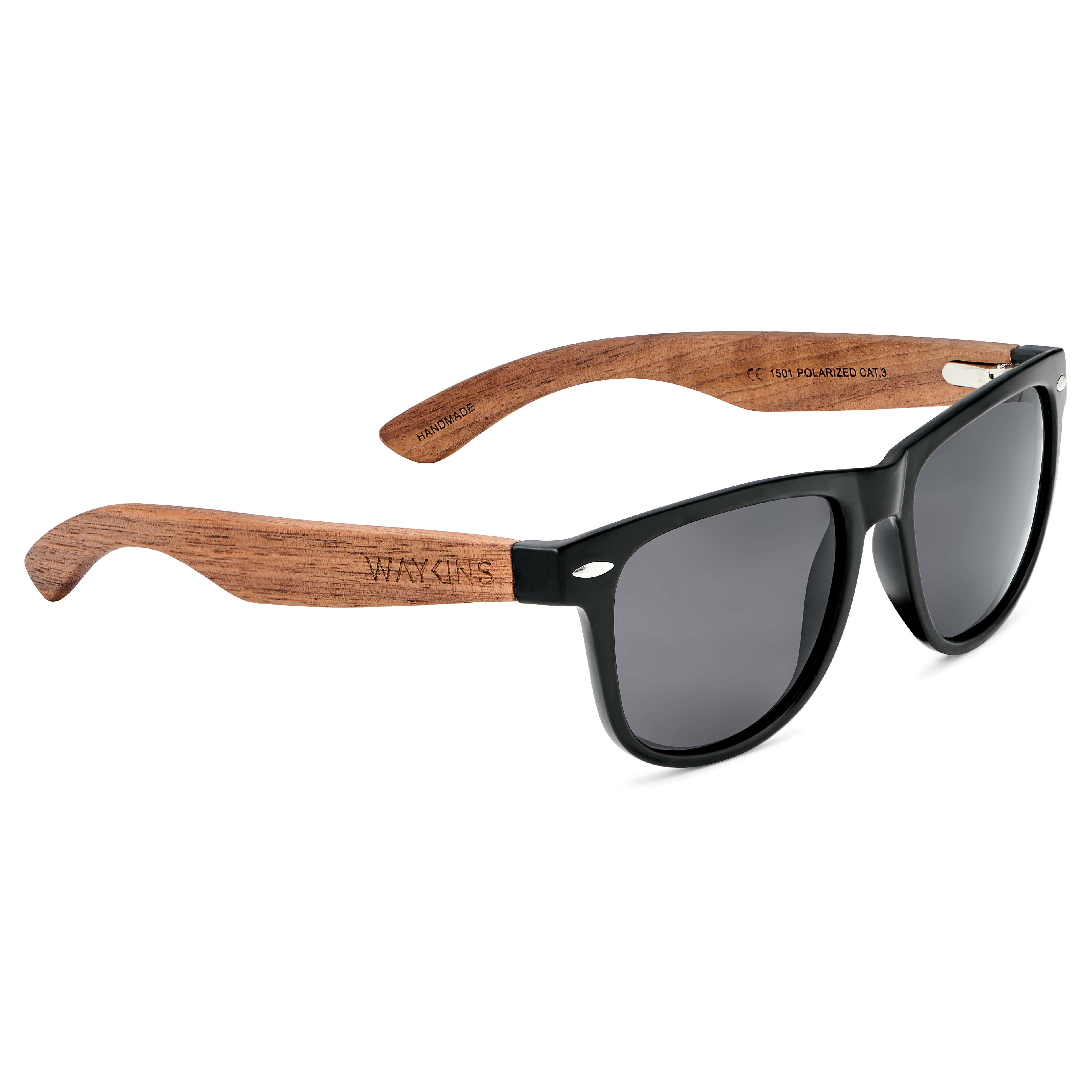 Black Retro Polarised Sunglasses With Wood Temples - 6 - gallery