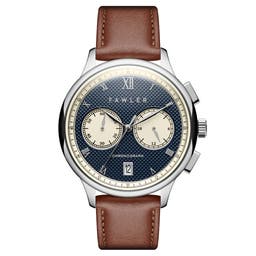 Cicero  | Silver-Tone With Blue Dial Vintage Chronograph Brown Leather Watch