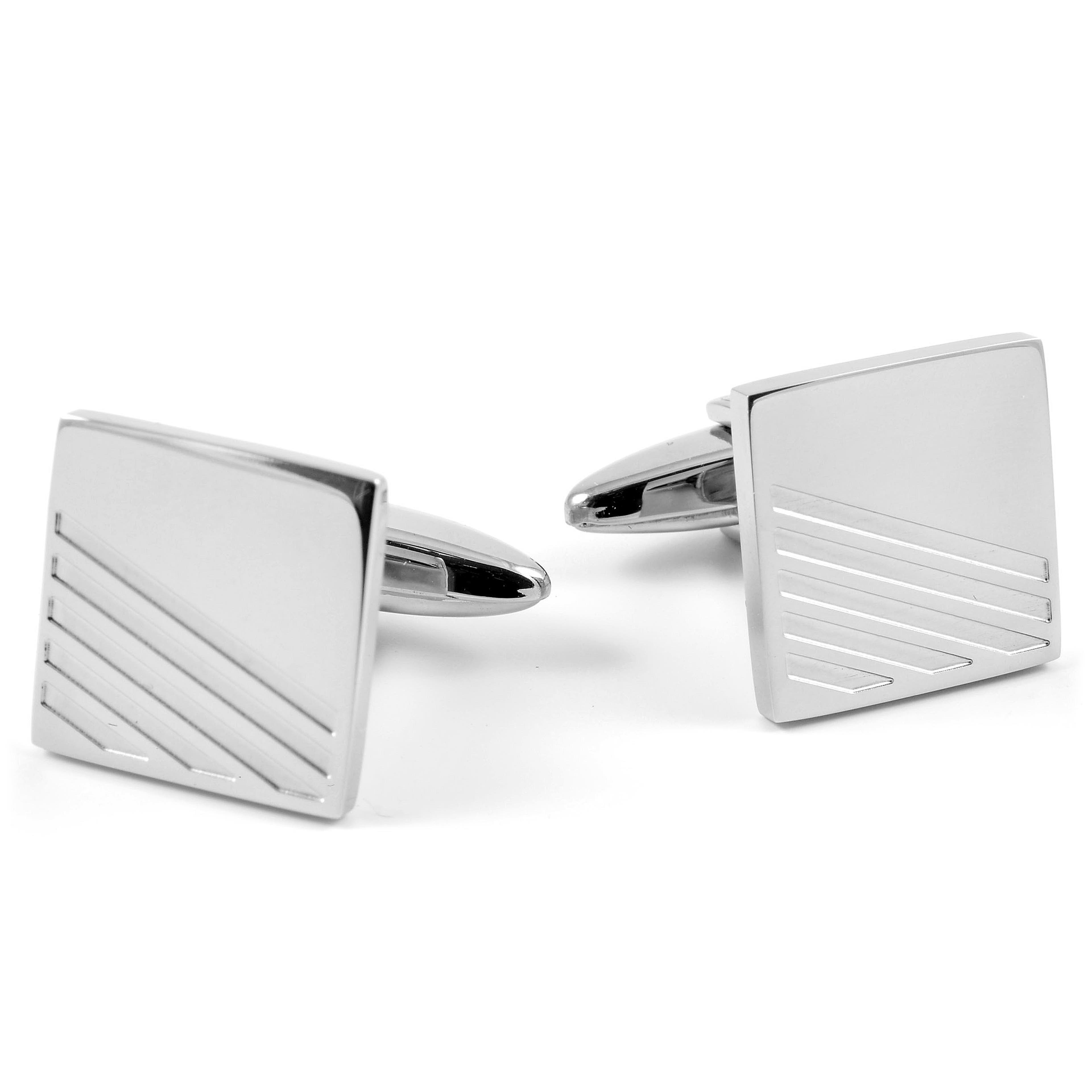 Rectangle Silver-Tone Stylish Stainless Steel Cufflinks