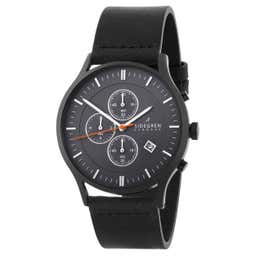 Revil | Black Chronograph Watch With Black Dial & Black Leather Strap