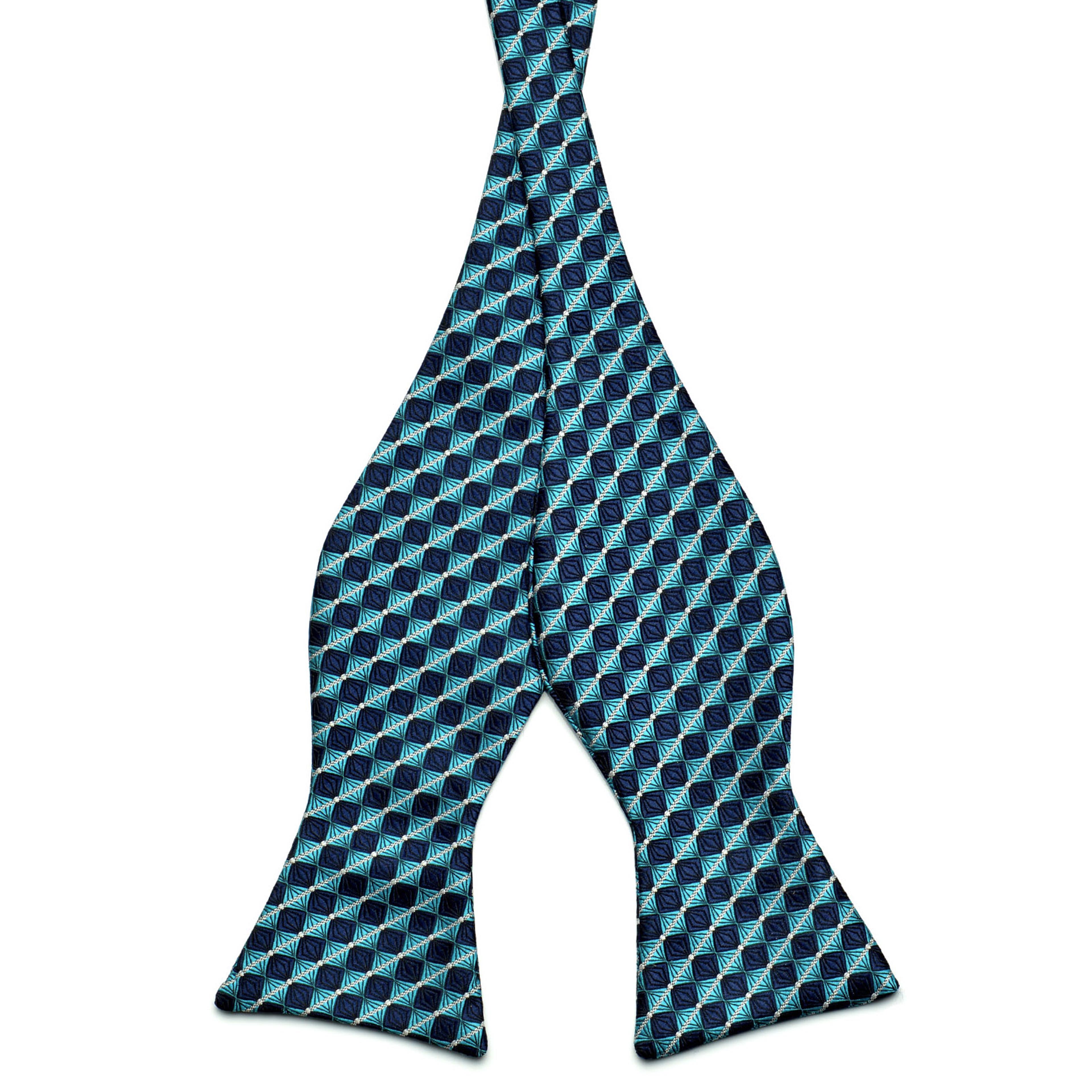 Turquoise & Navy Blue Chequered Microfiber Self-Tie Bow Tie