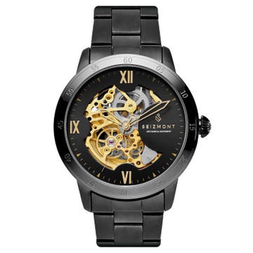 Dante | Black Stainless Steel Skeleton Watch With Black Dial & Gold-Tone Movement