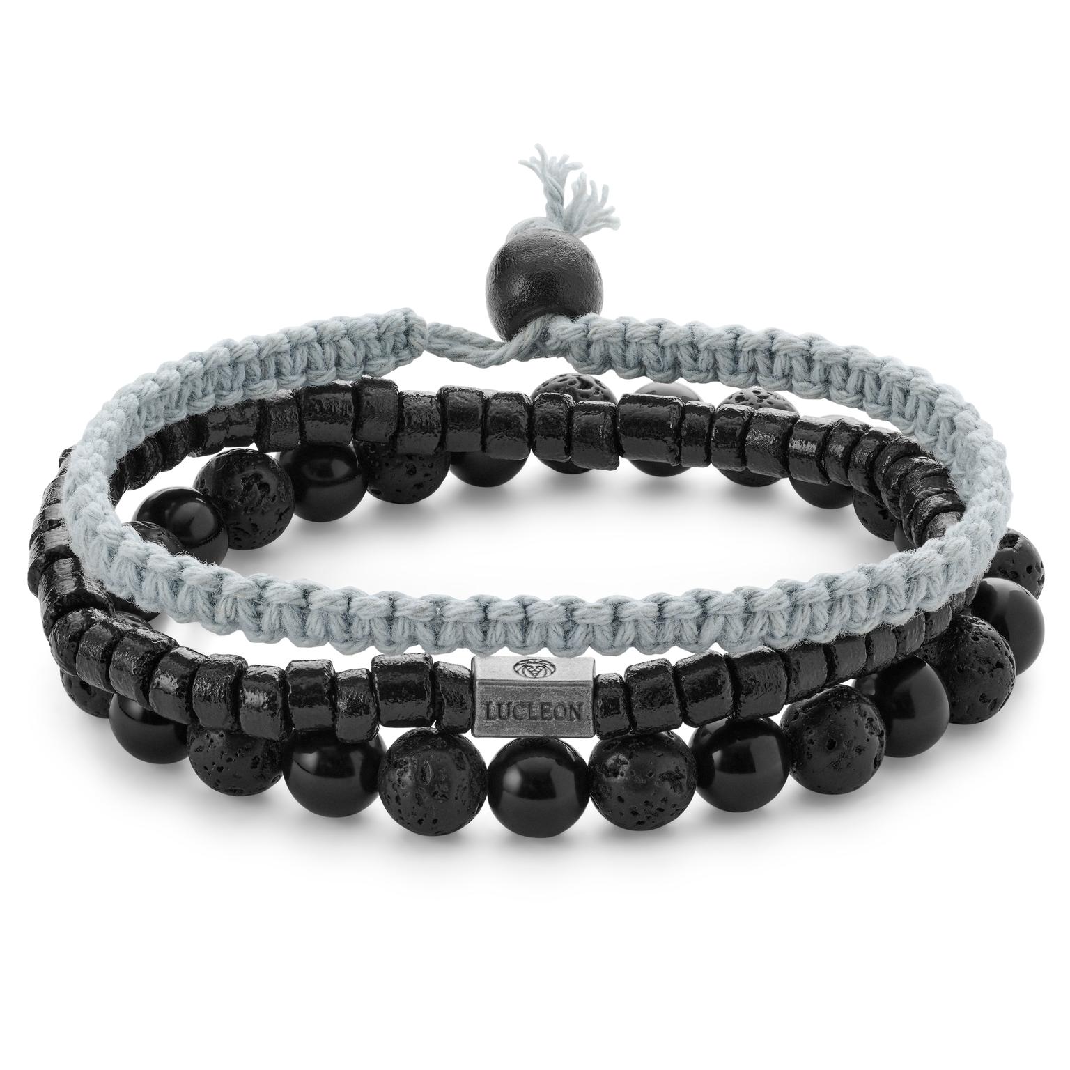 Armbandenset van Zwarte en Grijze Lavasteen, Onyx, Kokosnoot en Chirurgisch Staal Armbandenset van Zwarte en Grijze Lavasteen, Onyx, Kokosnoot en Chirurgisch Staal