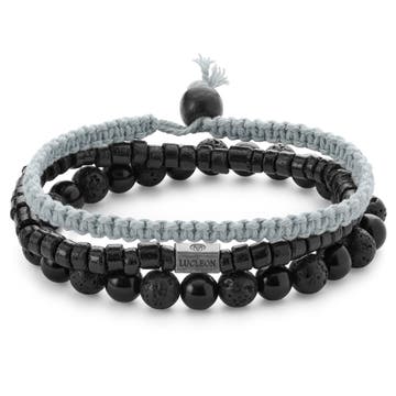 Black & Grey Lava Rock, Onyx, Coconut, and Surgical Steel Bracelet Set