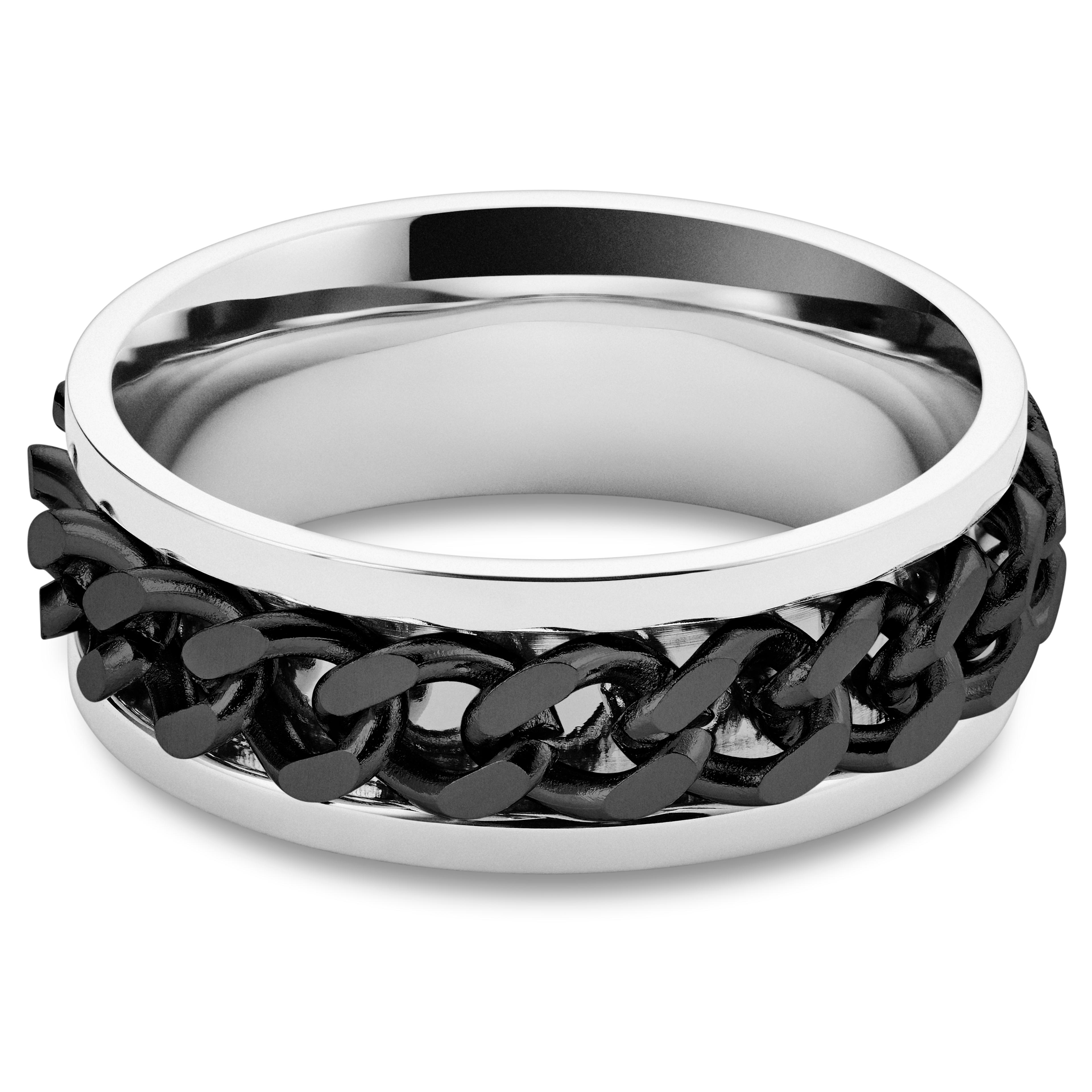 Sentio Rings Sentio | Silver-Tone and Black Stainless Steel Curb Chain Ring | In ...