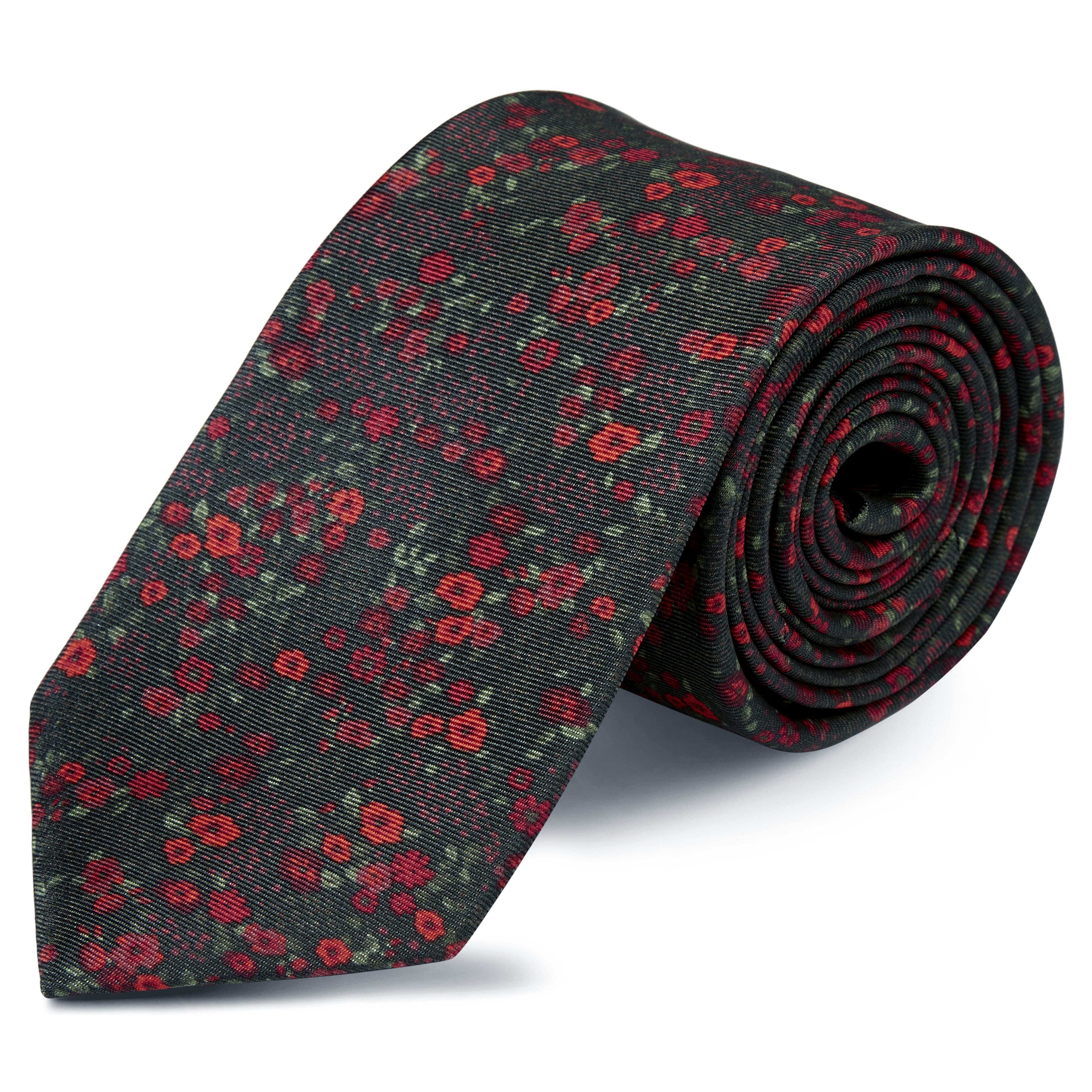 Boho | Forest Green & Red Floral Pattern Silk Tie