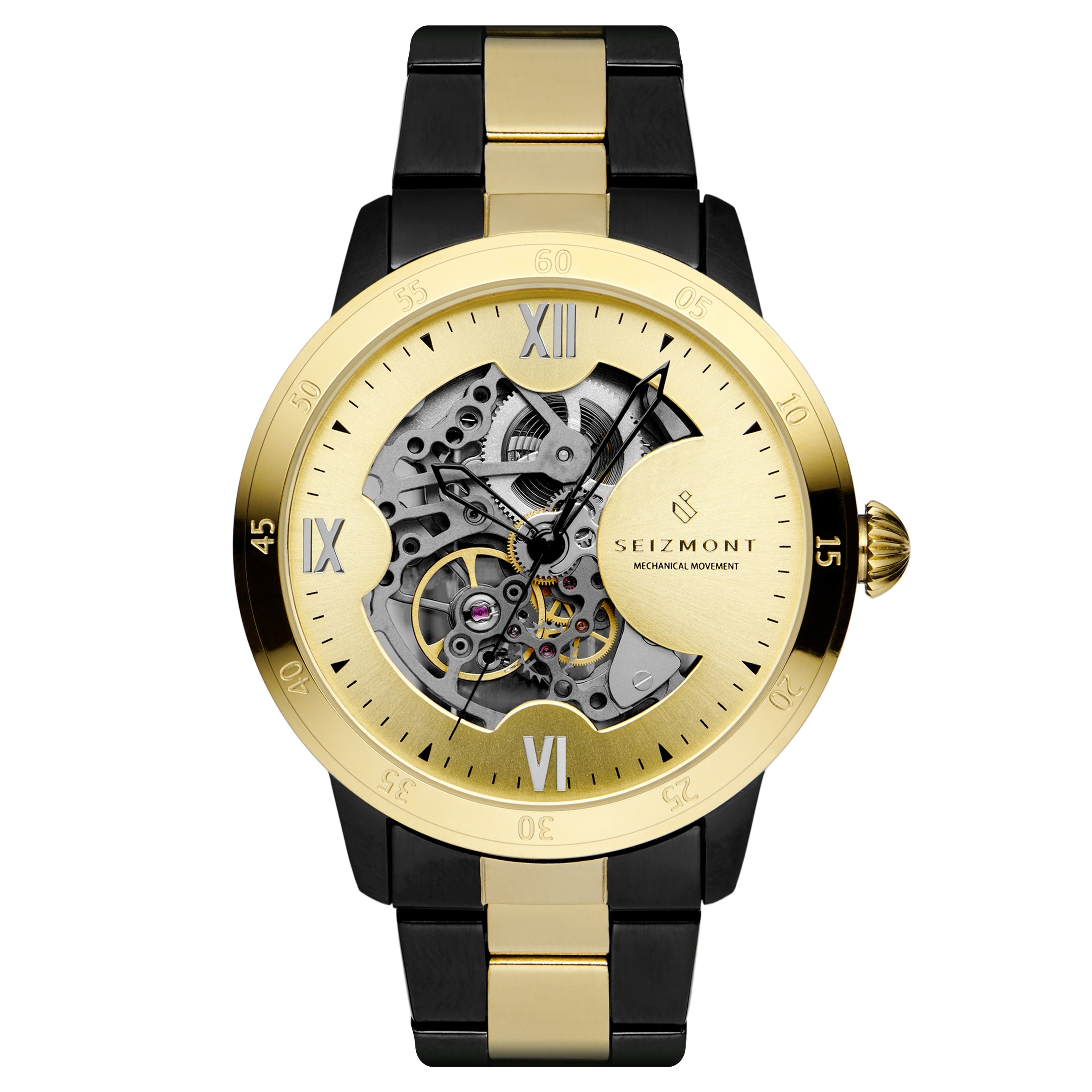 Dante | Gold-Tone & Black Stainless Steel Skeleton Watch With Gold-Tone Dial
