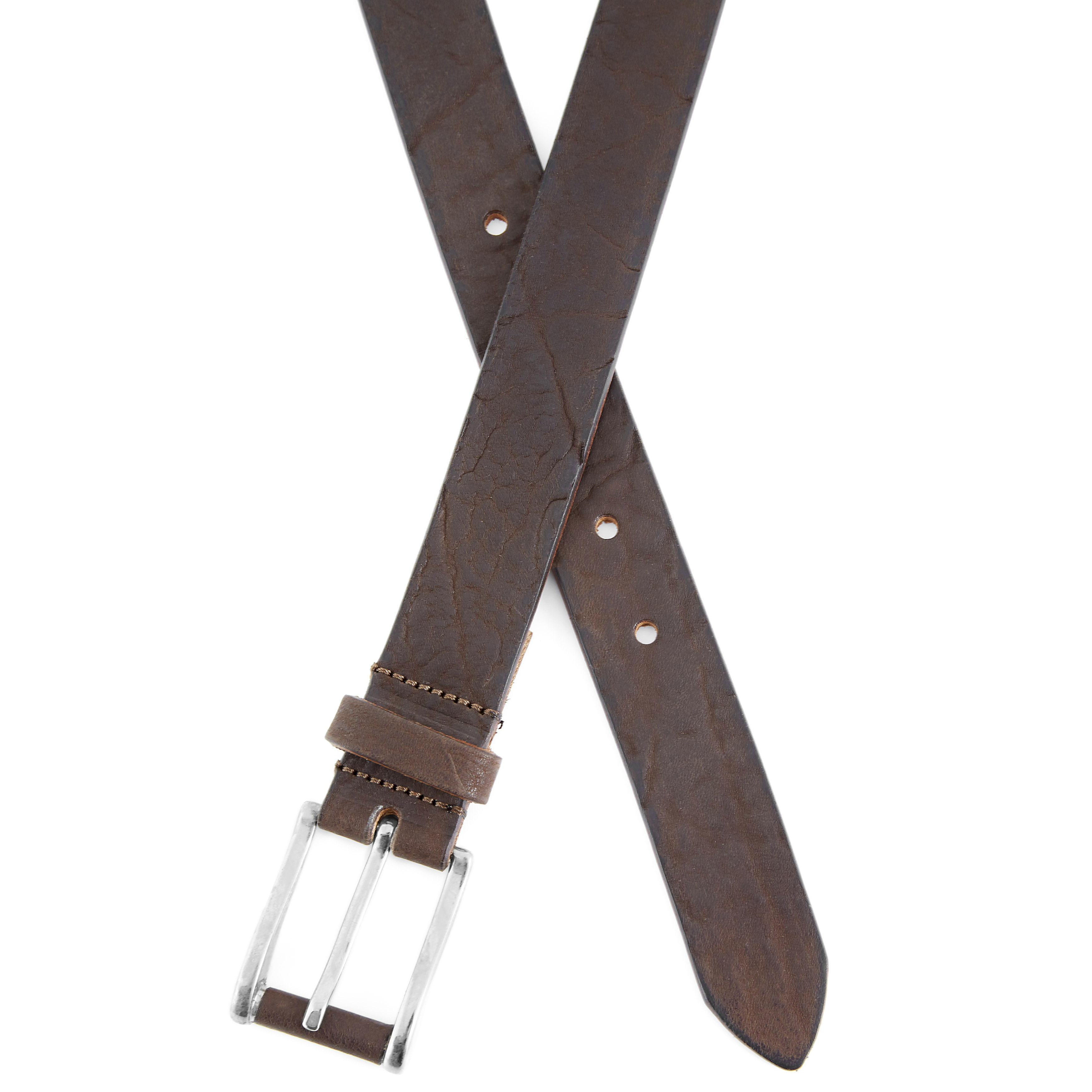 Textured Brown and Silver Leather Belt - 3